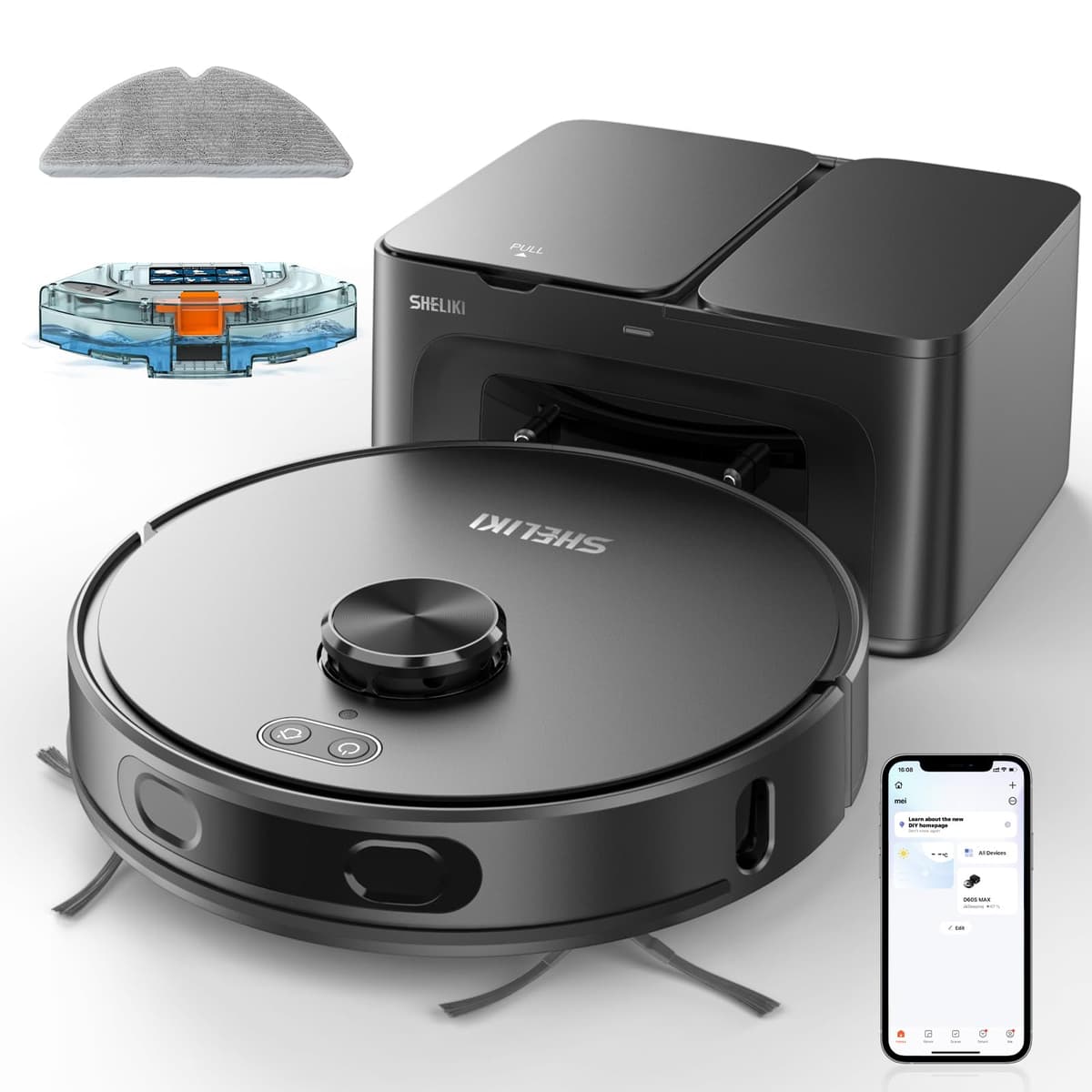 SHELIKI Robot Vacuum and Mop Combo D60S MAX con LiDAR, autovaciado y 6000Pa de succión D60S MAX Gray