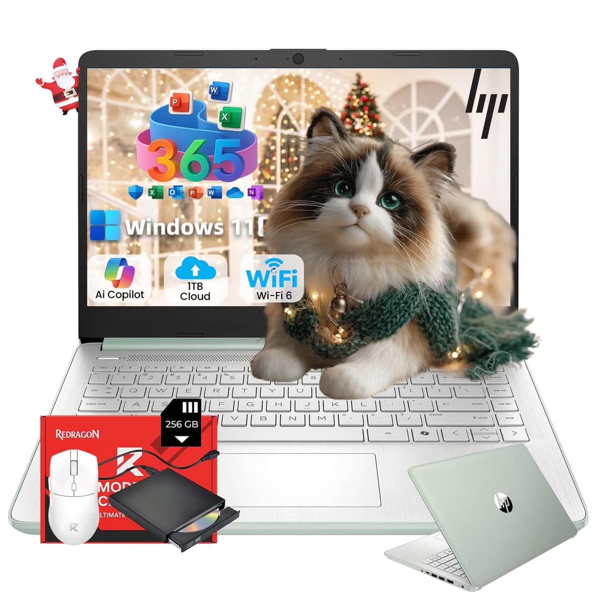 HP Laptop 14" 2025 para Negocios y Estudiantes, Delgado, Office 365 1 Año, Copilot AI, CPU Intel Quad-Core, 16 GB RAM, 128 GB UFS + 128 GB Tarjeta SD, Wi-Fi 6, Windows 11 Pro, Accesorio JQ2Xz, Verde HP 2025 Flagship 14 Laptop
