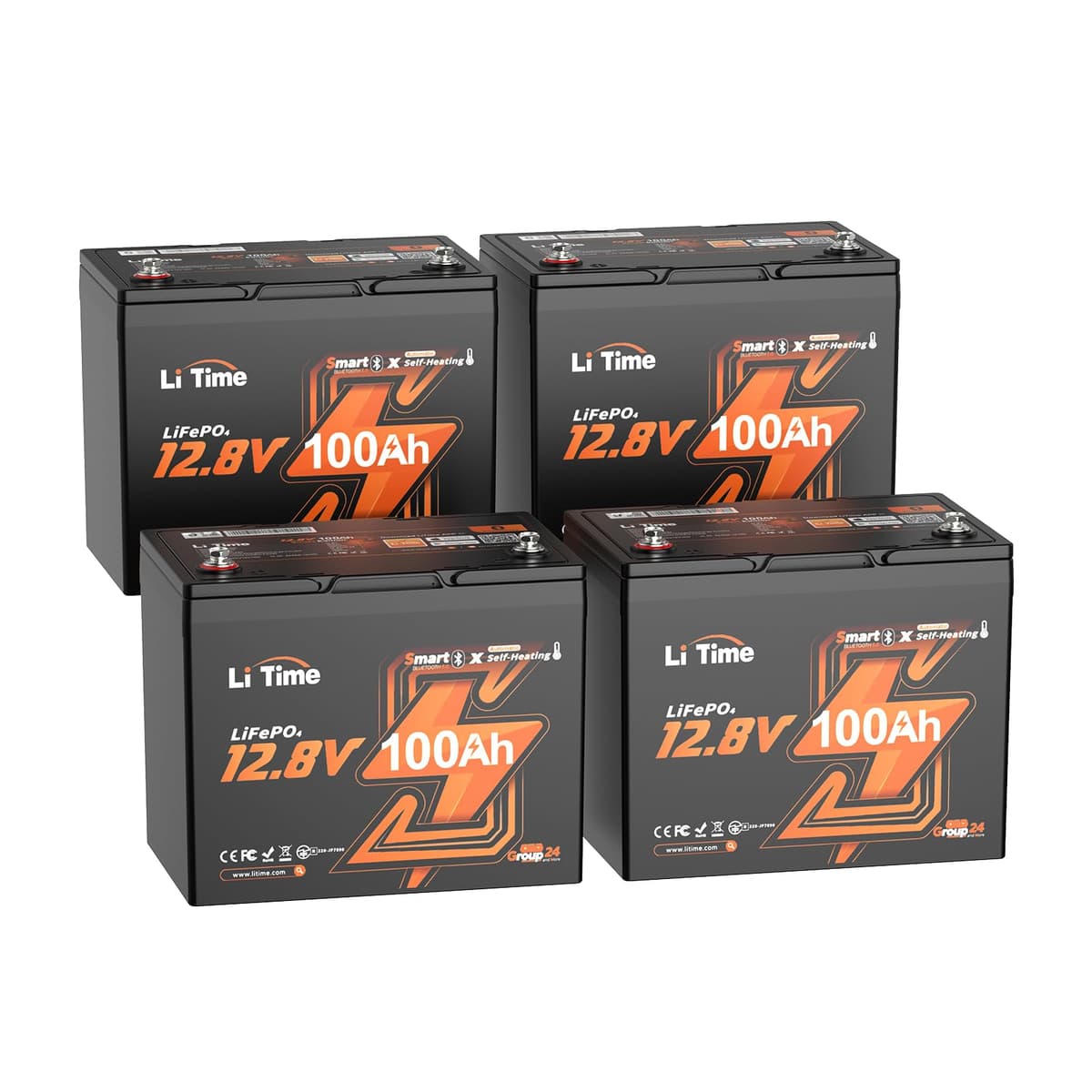 LiTime 12V 100Ah LiFePO4 Self-Heating Battery Group 24 - Bluetooth, 2 modos de calefacción (4-Pack) 12V BT Pack