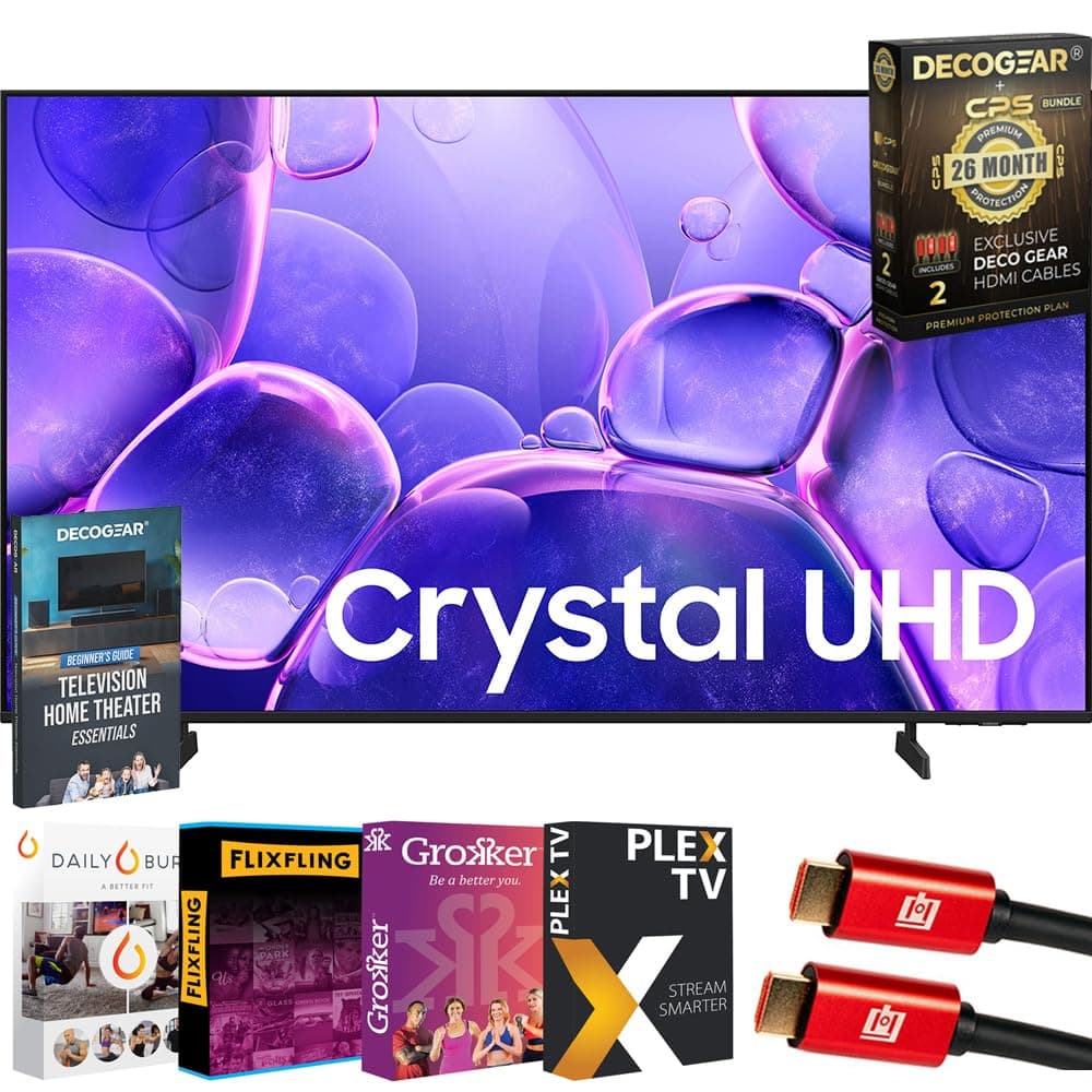 Samsung 55" Crystal UHD U8000F 4K Smart TV (2025) | Exclusivo CPS Protección por 26 Meses, 2 Cables HDMI, Estrenos de Películas en Streaming y Guía Completa para Principiantes de Cine en Casa con Deco Gear E1SAMUN55U8000F