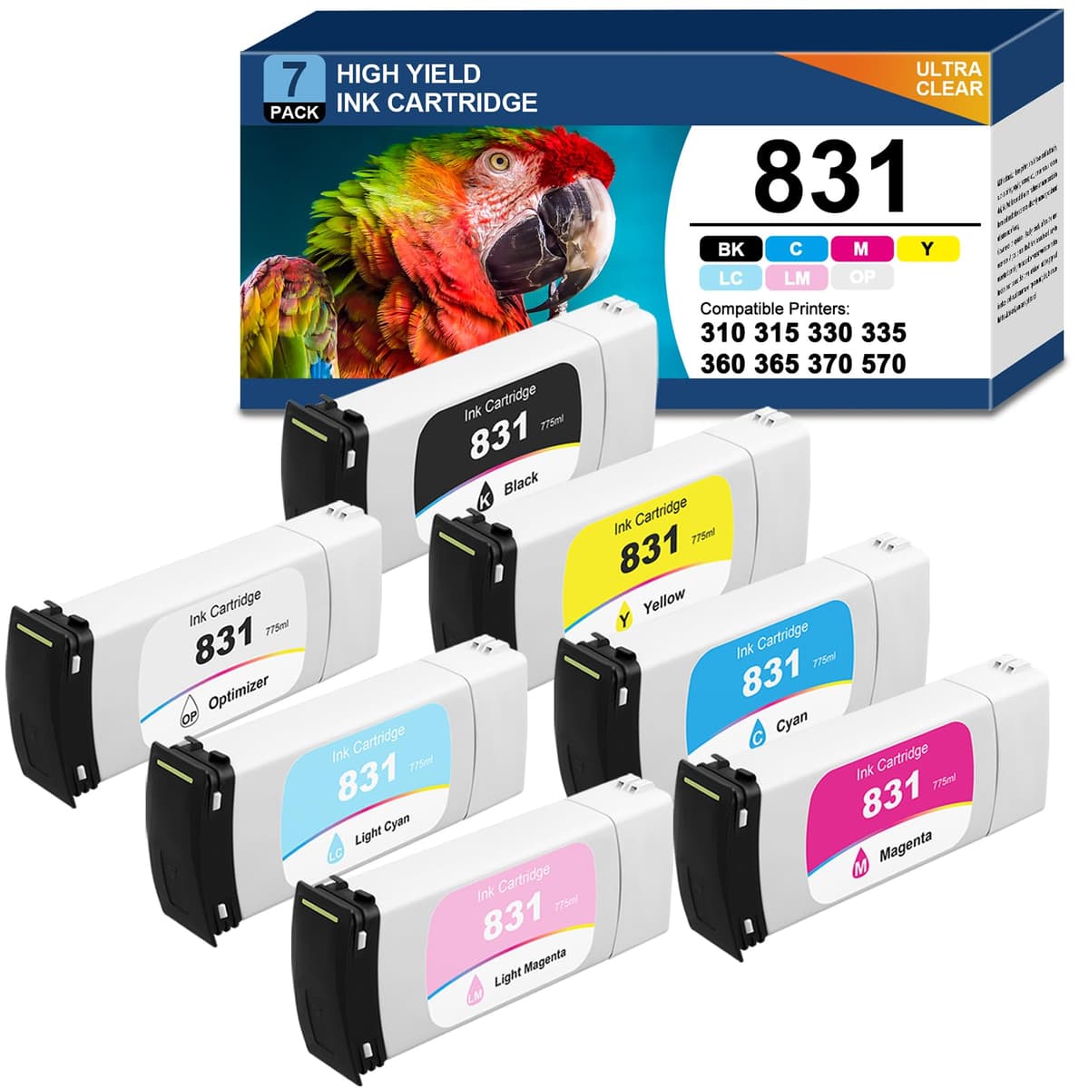 nastar Set Cartuchos de Tinta 831/831A 775ml 7-Pack Compatible con HP Latex 310/330/360/370/570 WB-831 Ink Cartridge-7PK