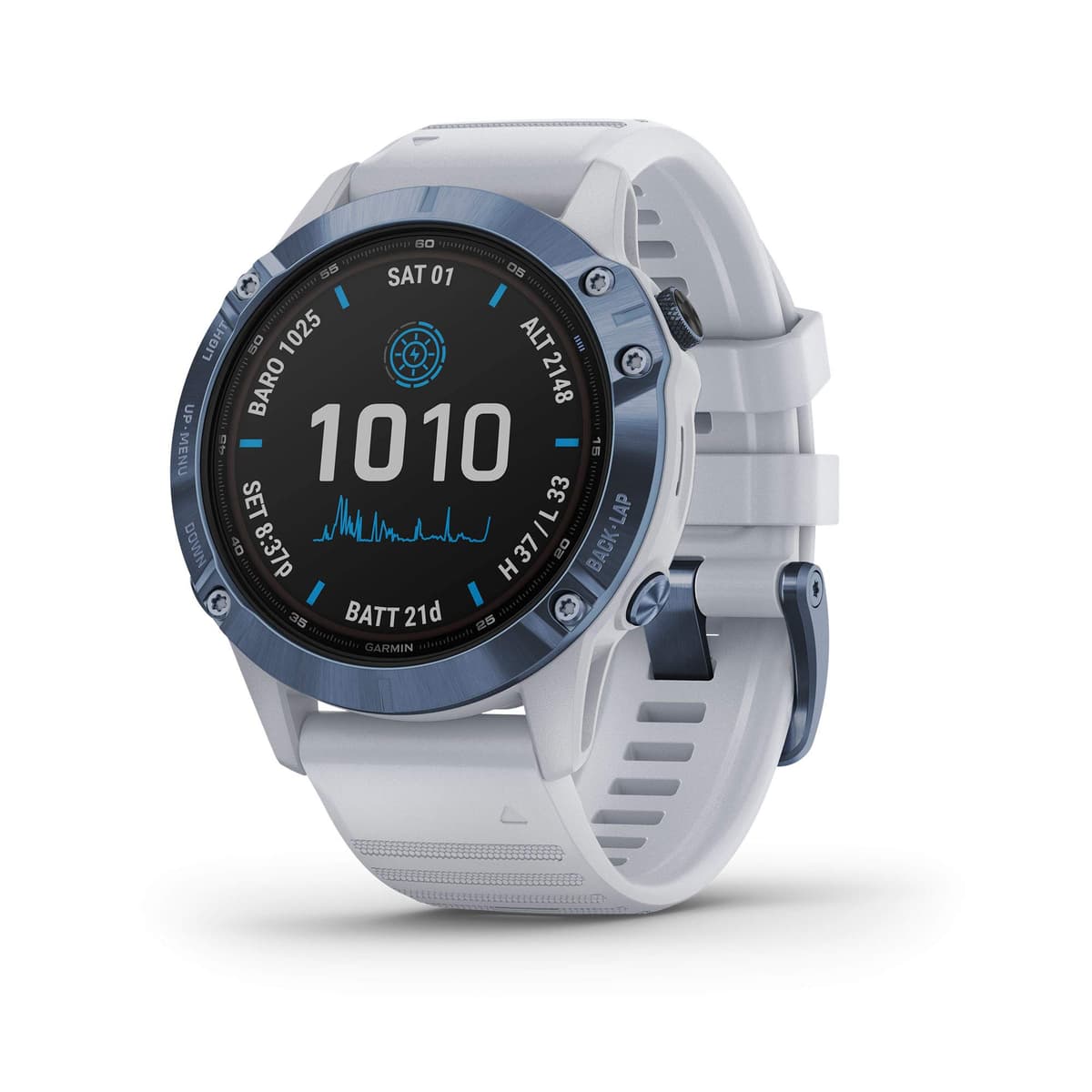 Garmin fenix 6 Pro Solar, Reloj GPS Multideporte con Carga Solar, Funciones Avanzadas de Entrenamiento y Datos, Azul Mineral con Correa Blanca (Reacondicionado) 010-N2410-19