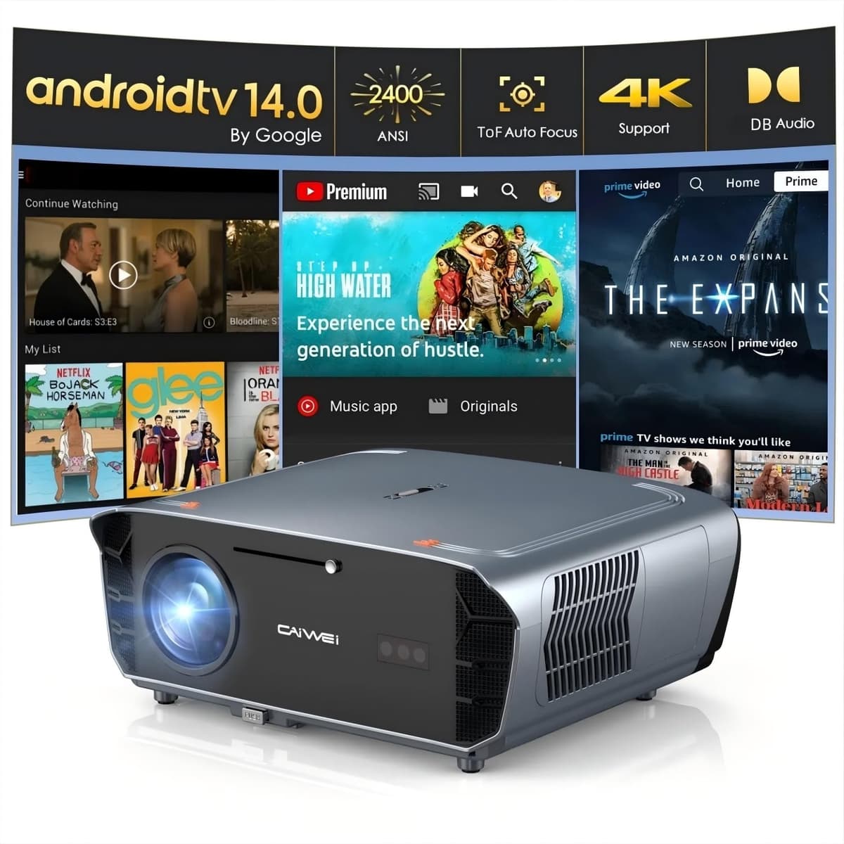 CAIWEI S7 Proyector 4K certificado con Google TV, 2400 ANSI, WiFi6, ToF enfoque automático, HDR10, NFC