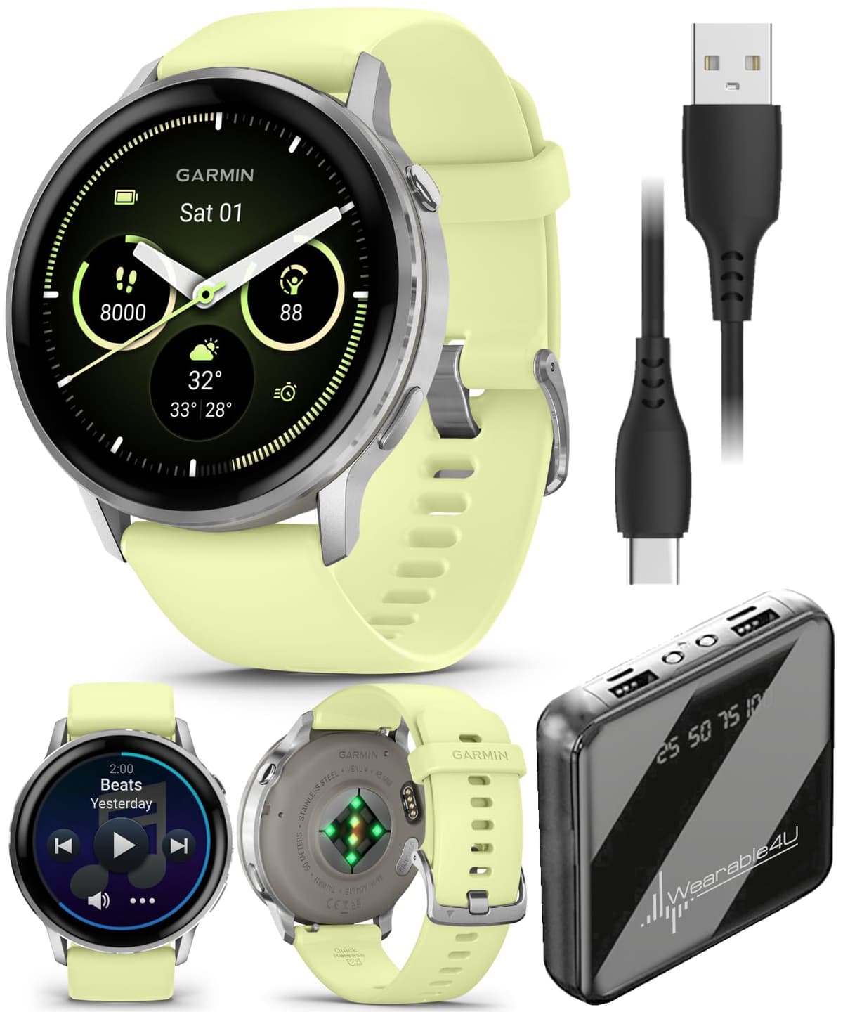 Garmin Venu 4 45 mm AMOLED Reloj Inteligente GPS Avanzado de Salud y Fitness, Pantalla Brillante y Colorida, Linterna Integrada, Hasta 12 Días, Plateado con Banda de Silicona Citron con Bundle PowerBank Wearable4U
