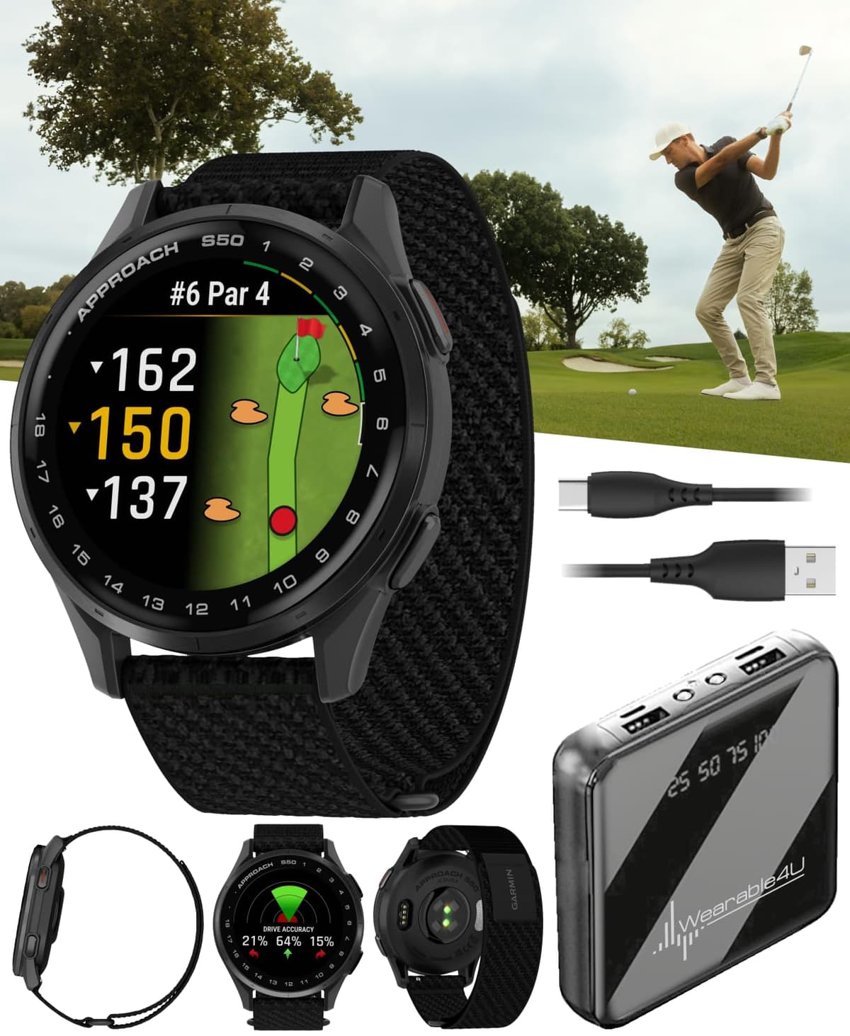 Garmin Approach S50 Reloj Inteligente GPS para Golf Bisel de Aluminio Pizarra con Correa de Nylon ComfortFit Negra con Paquete Bundle Power Bank Wearable4U