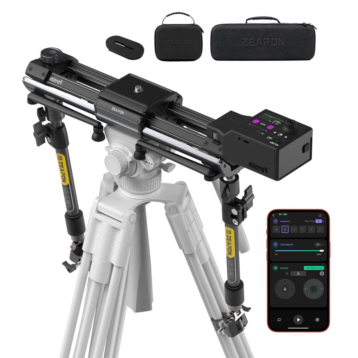 Zeapon Micro4 E500 Slider Motorizado de Doble Distancia para Cámara, Motor de Alta Velocidad y Bajo Ruido, Carga 10-26 lb, Slider Compacto 27''/59 cm con Estuche, Pantalla LCD, Control por App, Diseño de Amortiguación Suave SD-M4-X0-JP