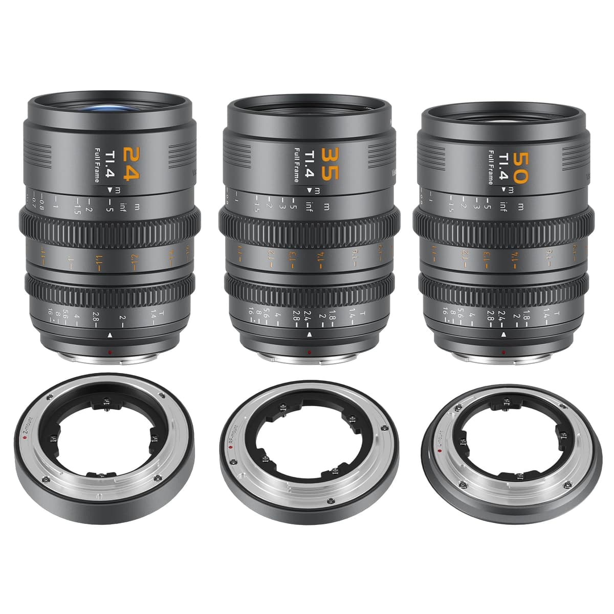 SIRUI VP-1 Vision Prime 1 T1.4 Set de lentes cine full frame 24/35/50mm con montura E preinstalada y monturas intercambiables RF/Z/L (Gris metálico) VP-1-3G-AM