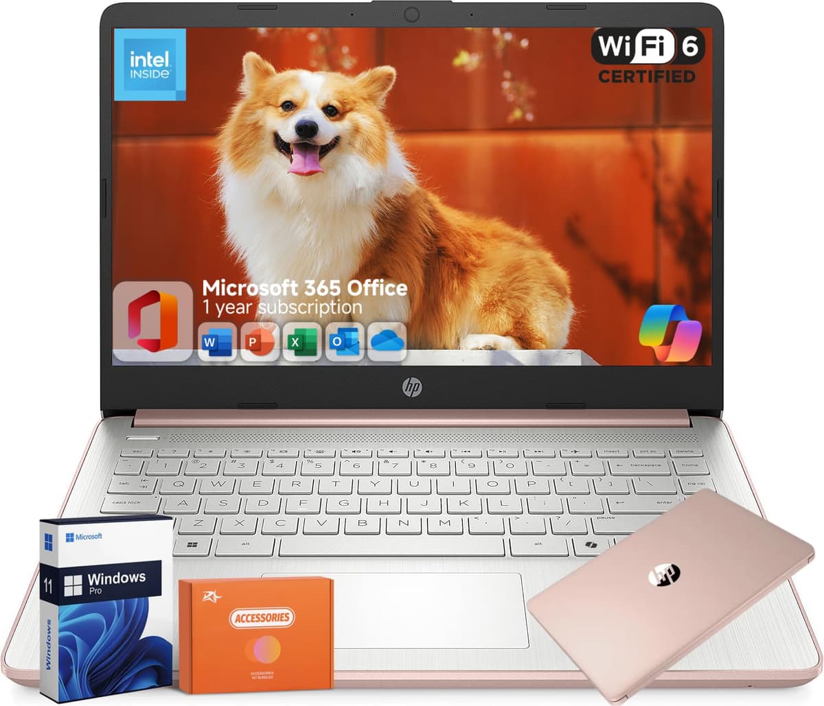 HP 14 Pulgadas, Intel N150, Office 365 1 Año, 16GB RAM, 512GB Almacenamiento (128GB eMMC + 128GB UFS + 256GB microSD), 11H Autonomía, Copilot, Wi-Fi 6, Cámara HD, Windows 11 Pro, Accesorios, Rosa Dorado HP 14 Laptop