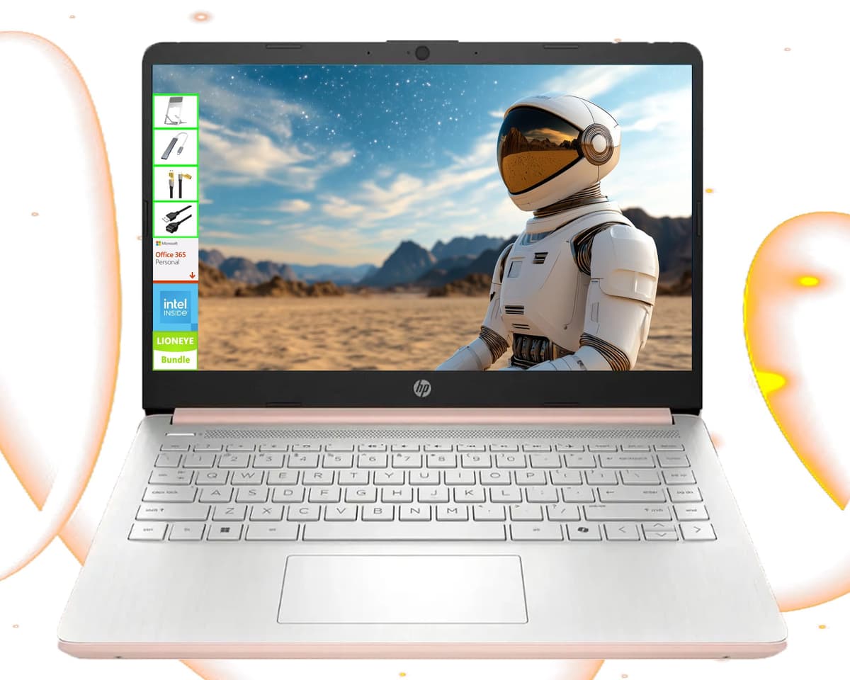 Portátil HP con Microsoft Office y 1TB de almacenamiento en la nube (1 año) | Computadora de 14 pulgadas HD | 16GB RAM | 128GB UFS | CPU Intel de 4 núcleos (mejor que i3-10110U) | Cámara web | USB-C | Windows 11 Home en modo S | Paquete LE 14-dq6012dx