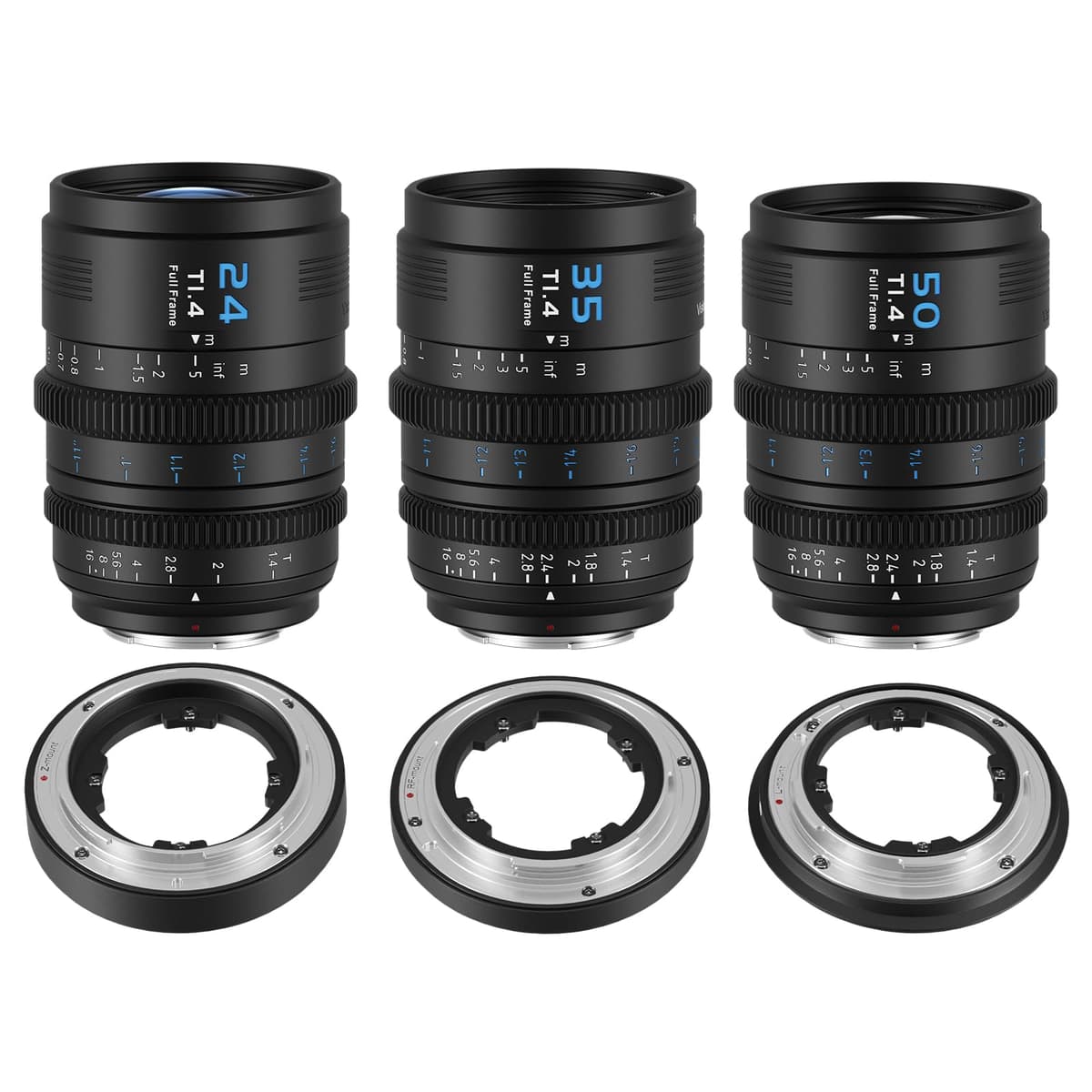 SIRUI VP-1 Vision Prime 1 T1.4 Set de lentes cine full frame 24/35/50mm con montura E preinstalada y monturas intercambiables RF/Z/L (Negro) VP-1-3B-AM
