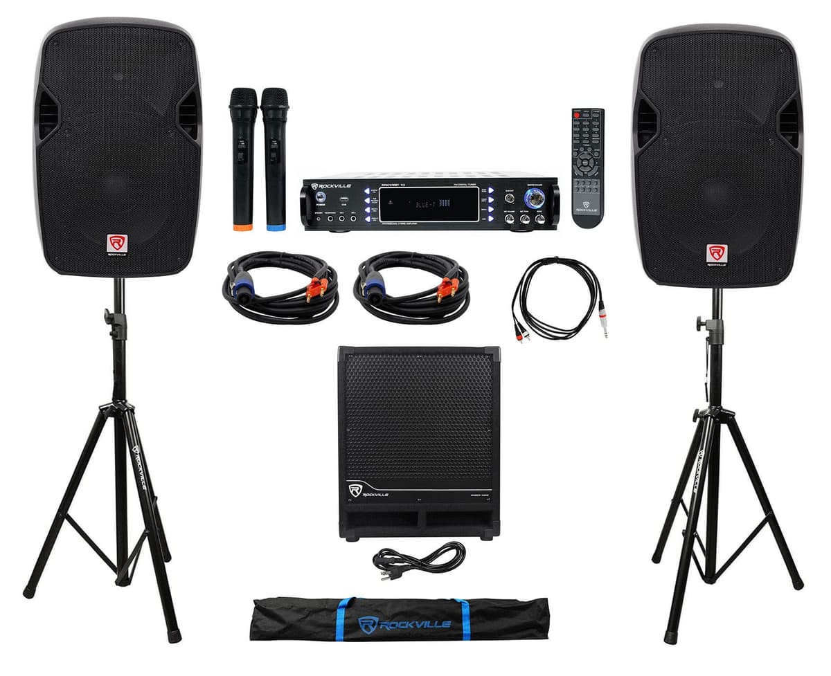Rockville Pack: 2x SPGN124 + RBG12S Subwoofer Activo + RPA70WBT V2 Amplificador USB/Bluetooth + Soportes y Cables (9 piezas) (2) SPGN124+RVSS2+RPA70WBT DJ PACK 2-AM
