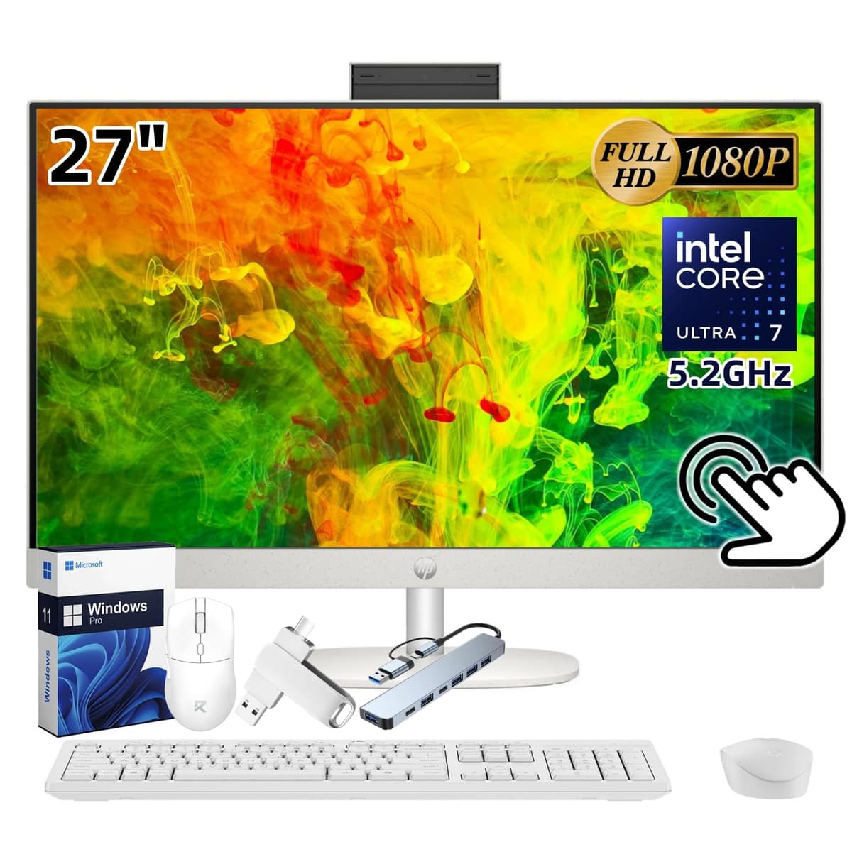 HP All-in-One táctil de 27" 2025, Intel Ultra 7 255U (hasta 5.2 GHz), Intel AI Boost, pantalla táctil antirreflejo FHD de 27", 32 GB DDR5 5600 MT/s, SSD Gen4 de 2 TB, Windows 11 Pro 27-cr2067c