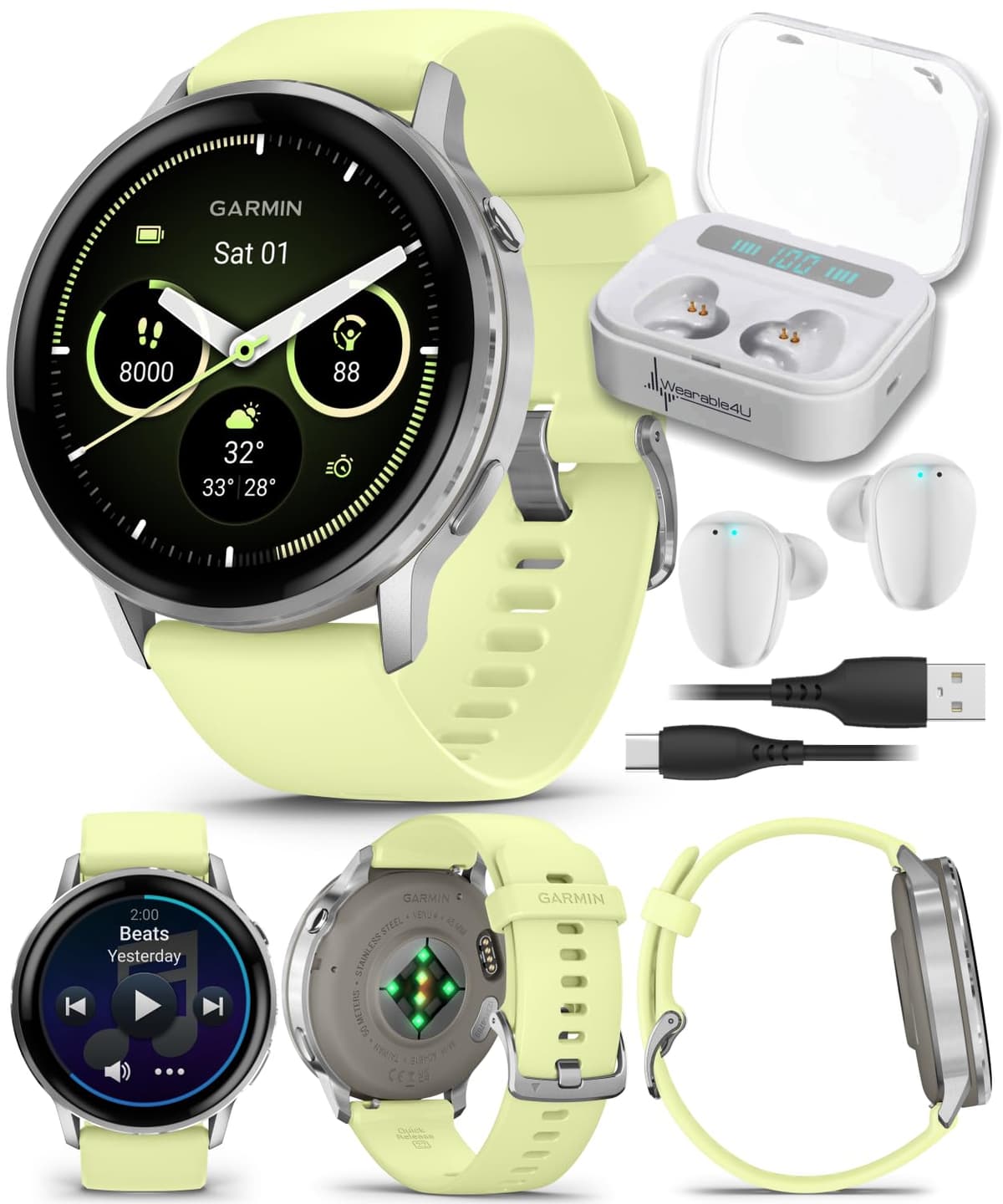 Garmin Venu 4 45 mm Silver con correa citron y auriculares Wearable4U blancos TWS X7-1