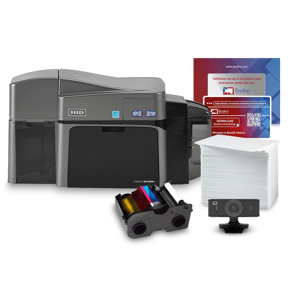 Impresora de credenciales Fargo DTC1250e doble faz con paquete de suministros y software Bodno Bronze DTC1250eDS