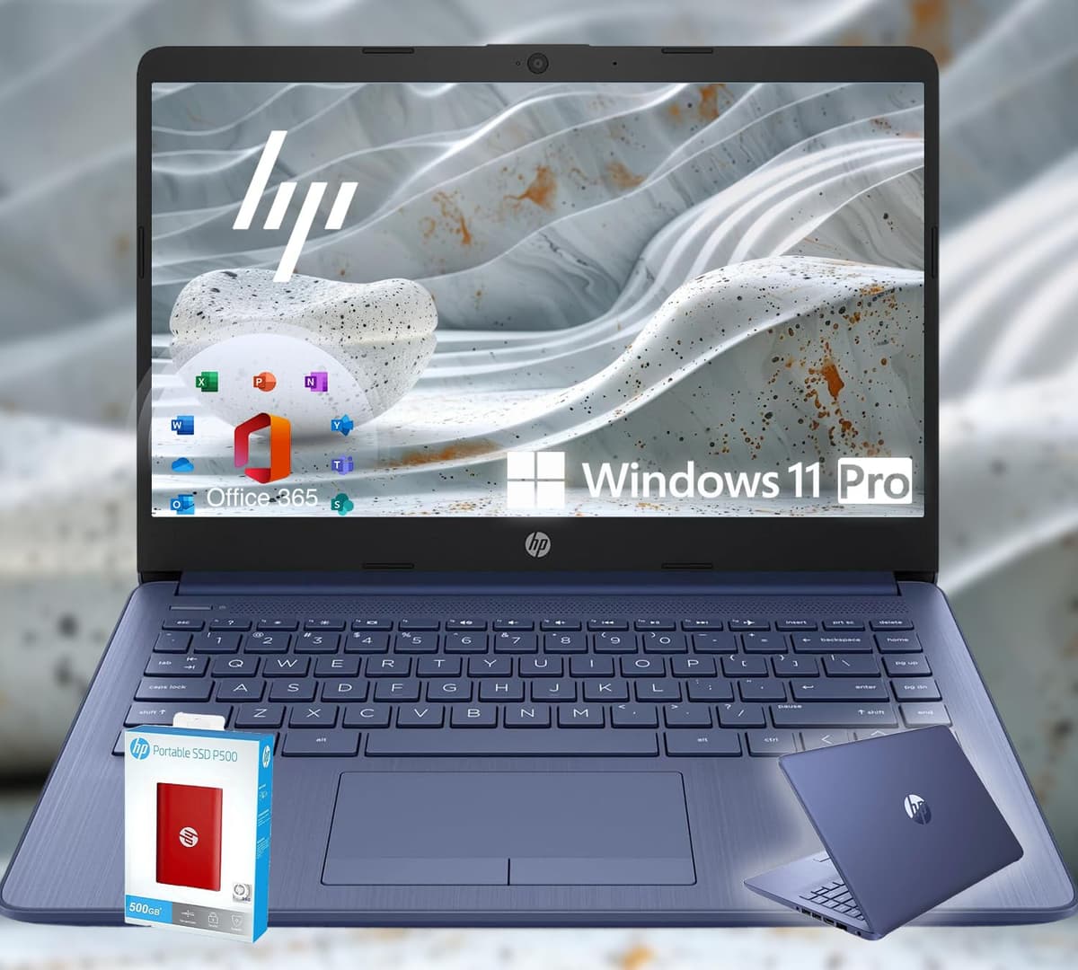 HP 14 Ultrabook • CPU Intel de 4 núcleos • Edición limitada Regreso a Clases con Microsoft 365 • 16 GB RAM • 1600 GB de almacenamiento (64 GB integrados con HP + SSD portátil P500 de 512 GB + 1 TB OneDrive) • Windows 11 Pro • Azul real