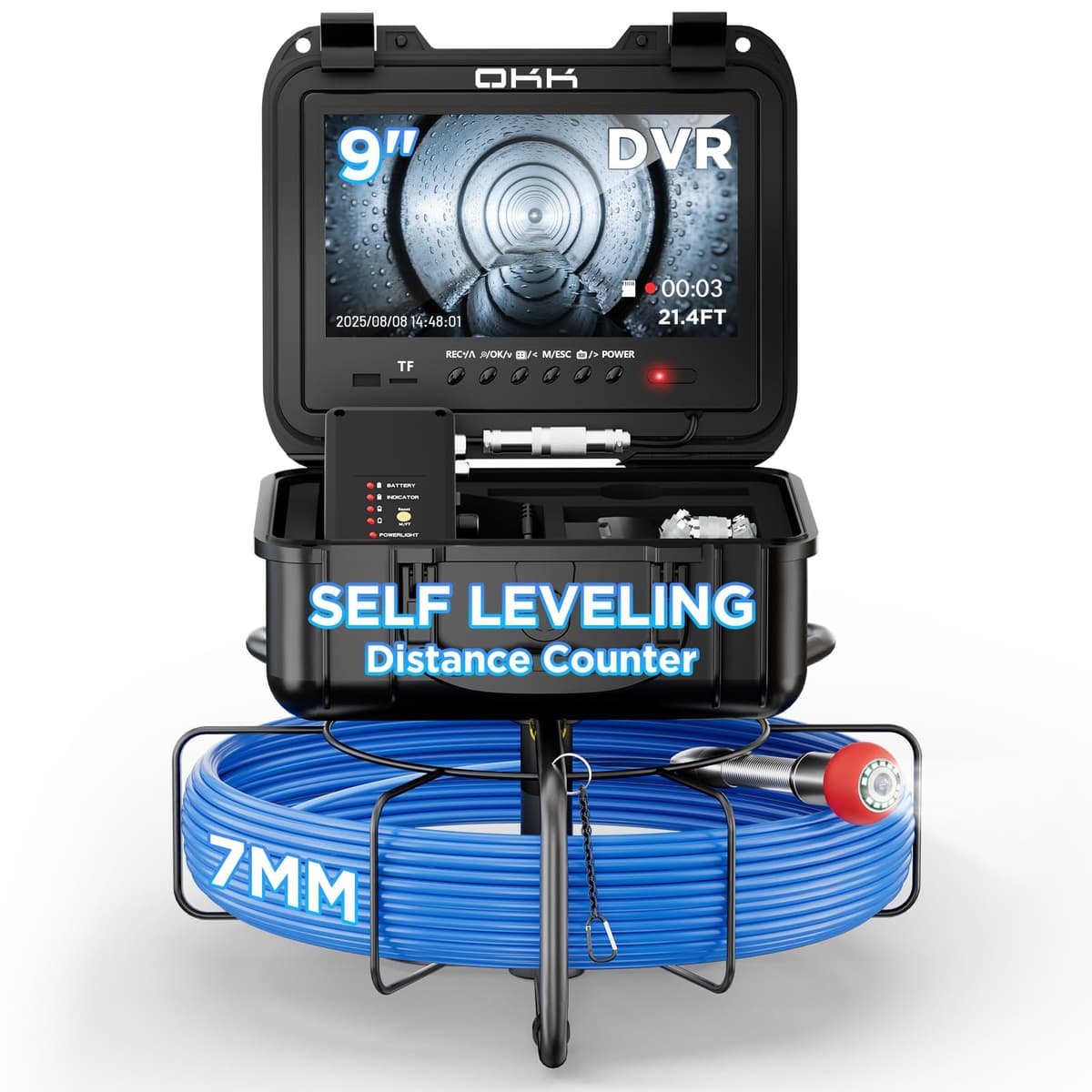 okk Cámara de inspección de desagües 200ft, auto-nivelante, monitor 9" 1080P, cable 7mm, DVR, IP68, 32GB 9DX7
