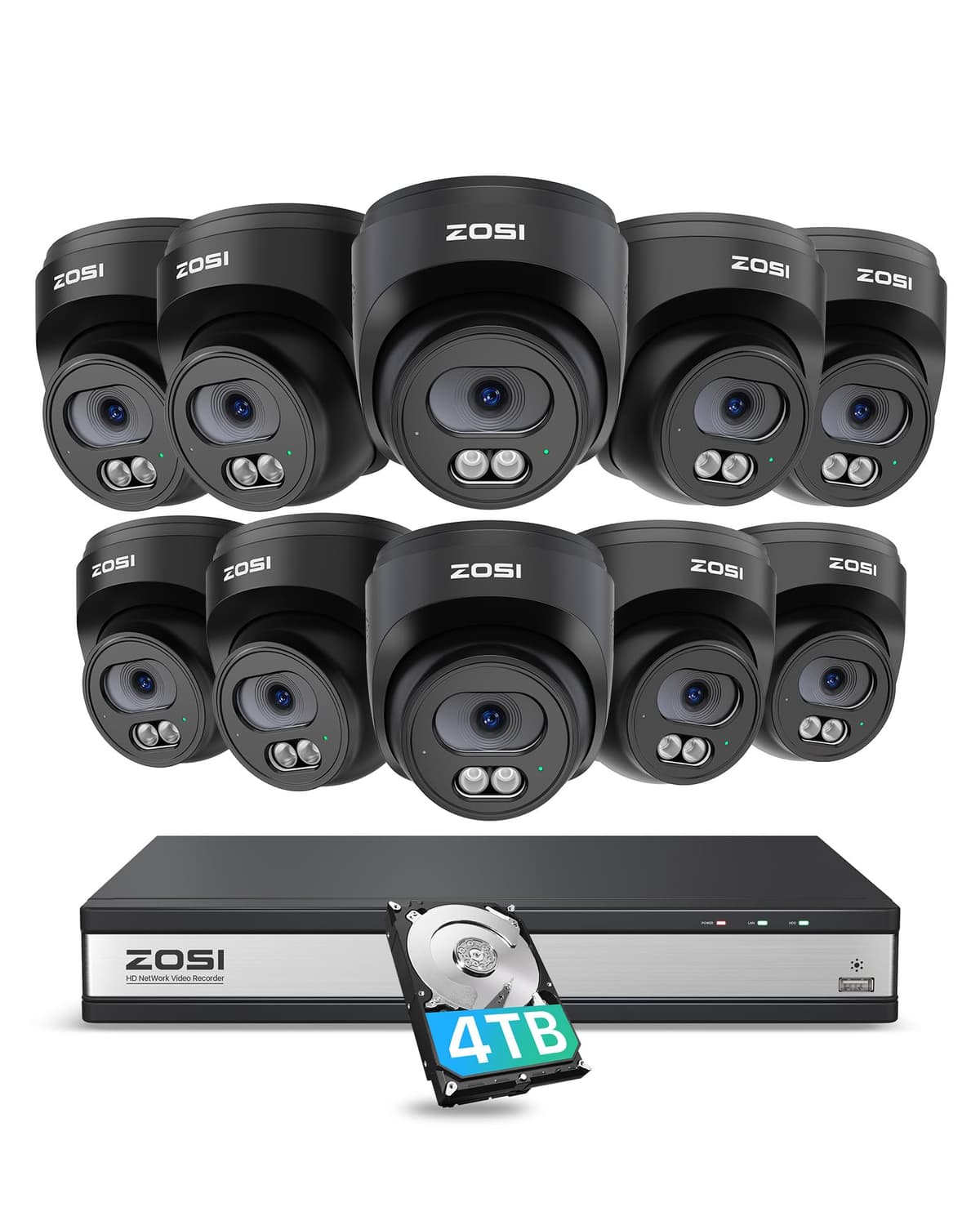 ZOSI C220 Sistema de Cámaras de Seguridad PoE 4K de 16 Canales, NVR 4K 8MP de 16 Canales con HDD de 4TB para Grabación 24/7, 10 Cámaras IP Domo 4MP (1440p) QHD 2.5K para Interior/Exterior, Detección Inteligente de Humanos, Audio Bidireccional 168K4-2204B10-US