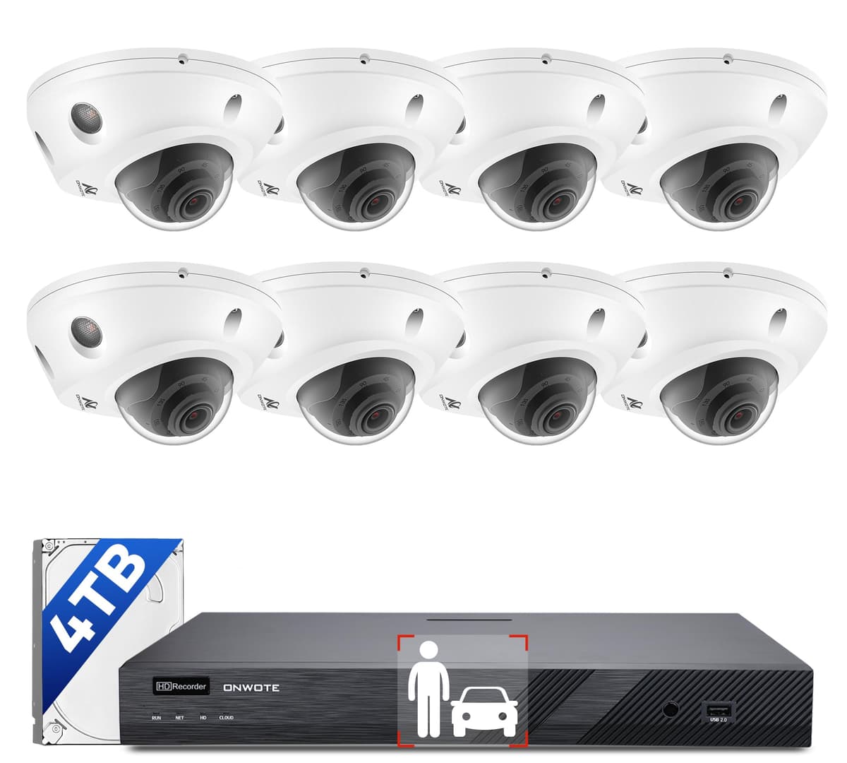 ONWOTE NVR de 16 canales 12MP para cámaras de seguridad, 8 cámaras PoE IP antivandálicas 4K 8MP con audio, visión nocturna a color inteligente, NVR comercial de 16CH 4TB, 8 cables (total 146 m), CCTV cableado exterior para negocios PKU1216-80V8-4TB