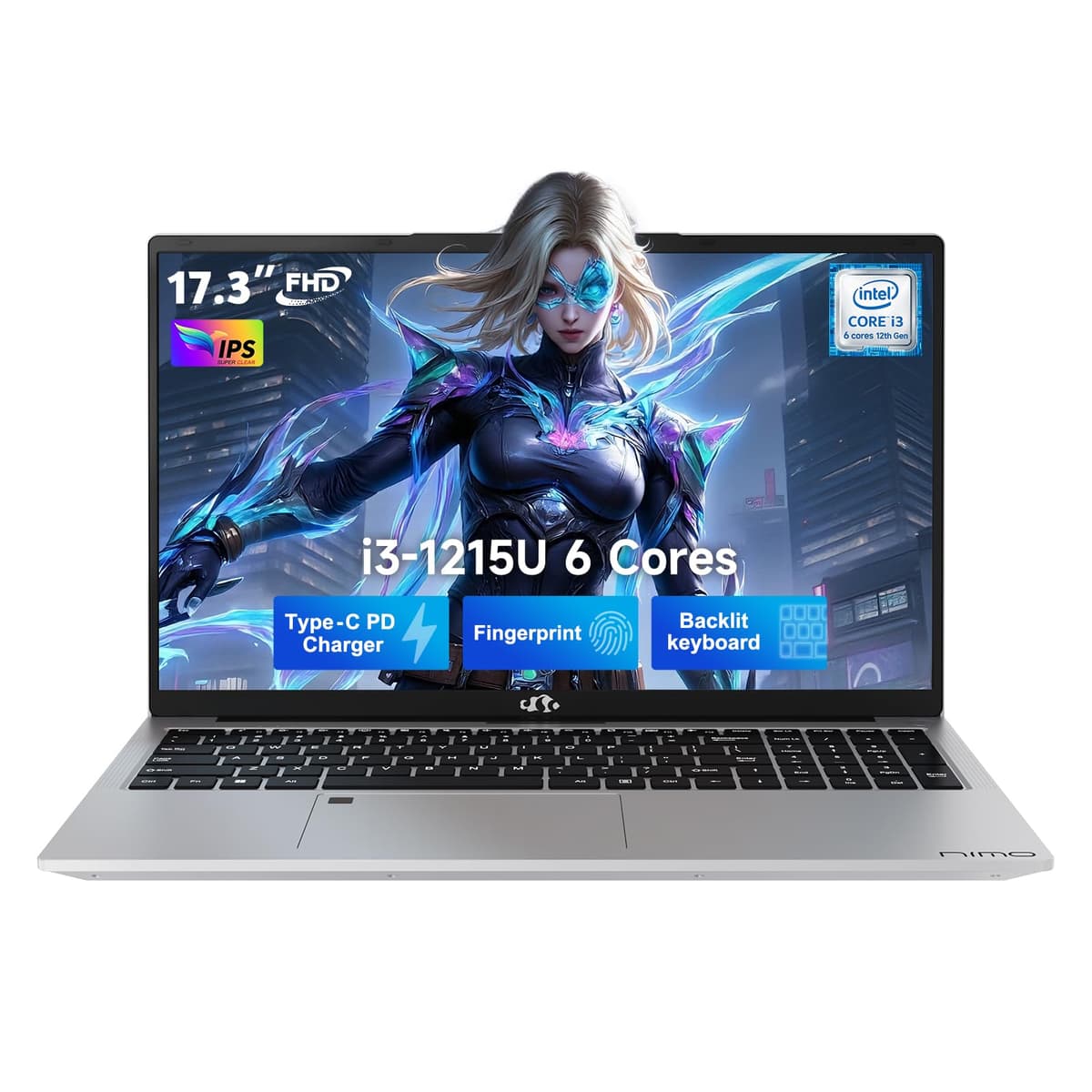 NIMO 17.3" FHD IPS Laptop, i3-1215U de 6 núcleos hasta 4.4 GHz (Mejor que Ryzen 5 7520U), 8GB RAM 256GB SSD, Teclado retroiluminado, Lector de huellas, Wi-Fi 6, Notebook con USB-C 65W NIMO N171