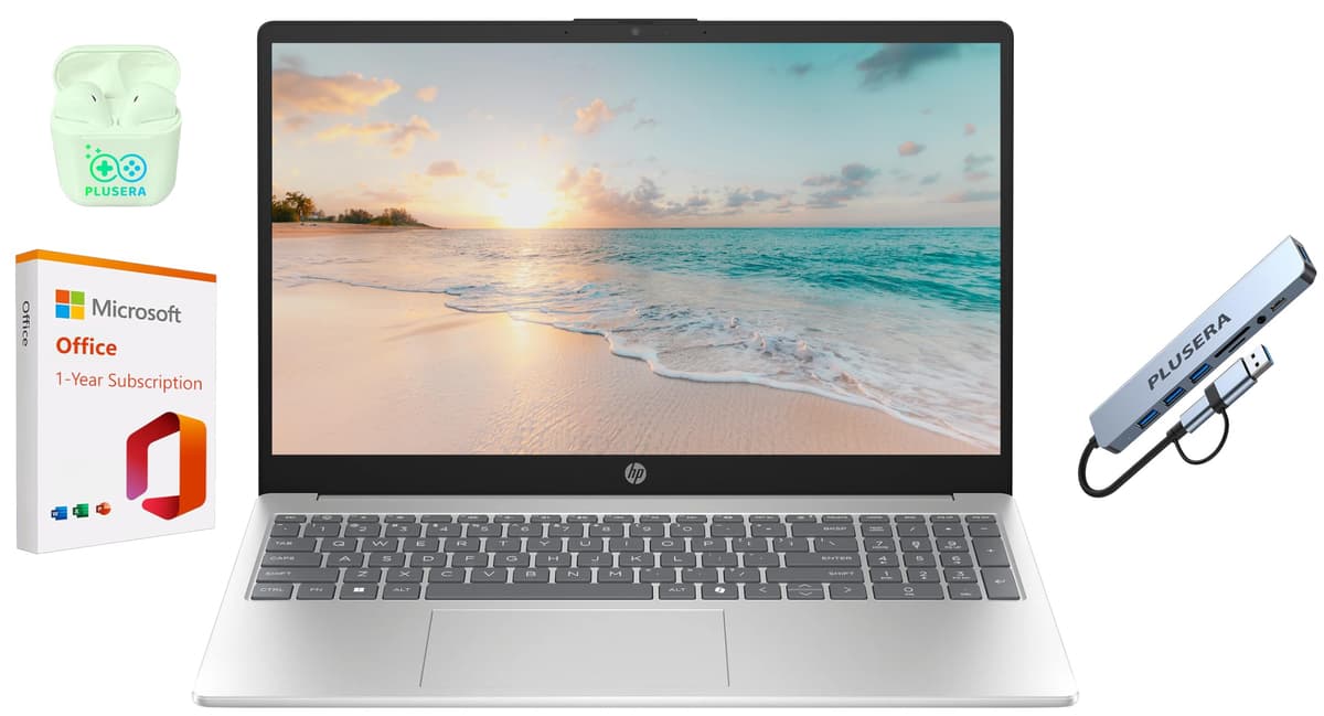 HP Laptop de 15.6" LED, Quad-Core Intel Pentium, Windows 11 S con 1 Año de Microsoft Office 365 Incluido, Auriculares PLUSERA (Plata Natural, 16GB RAM | 640GB Almacenamiento) HP 15