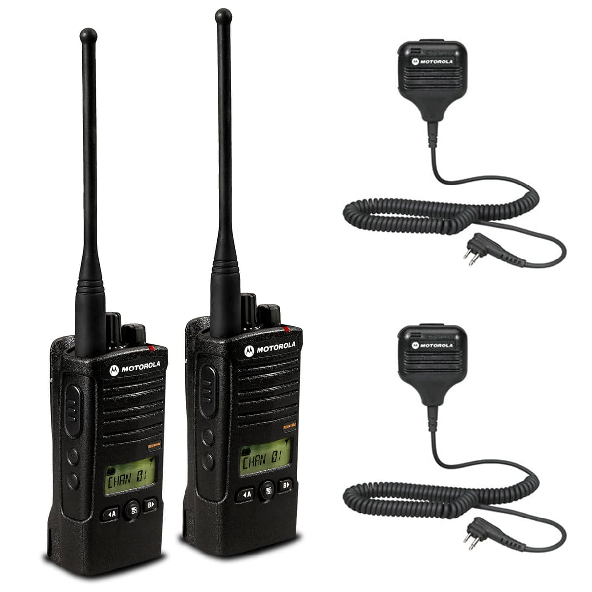 2 x Motorola RDU4160D RDX Business Series Two-Way UHF Radio con Display (Negro) + 2 x HKLN4606 Micrófono Remoto