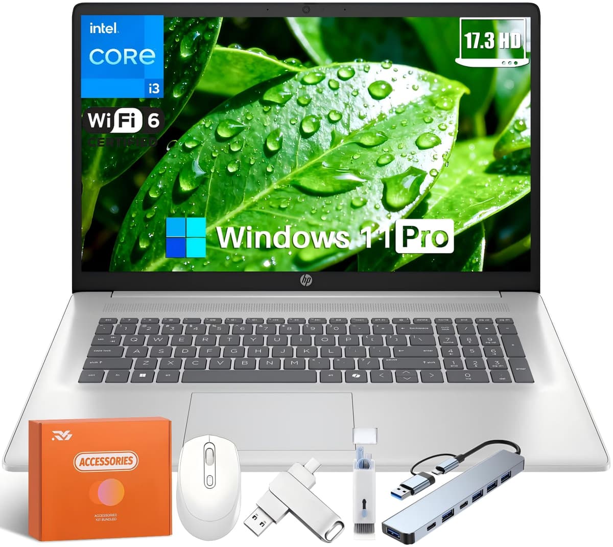 HP 2025 Laptop de 17 pulgadas, Intel i3-N305 de 8 núcleos, pantalla antirreflejo HD+ de 17.3", 16 GB RAM, 512 GB SSD, Windows 11 Pro con AI Copilot, teclado numérico, HDMI, Wi-Fi 6, para negocios y estudiantes, con accesorios