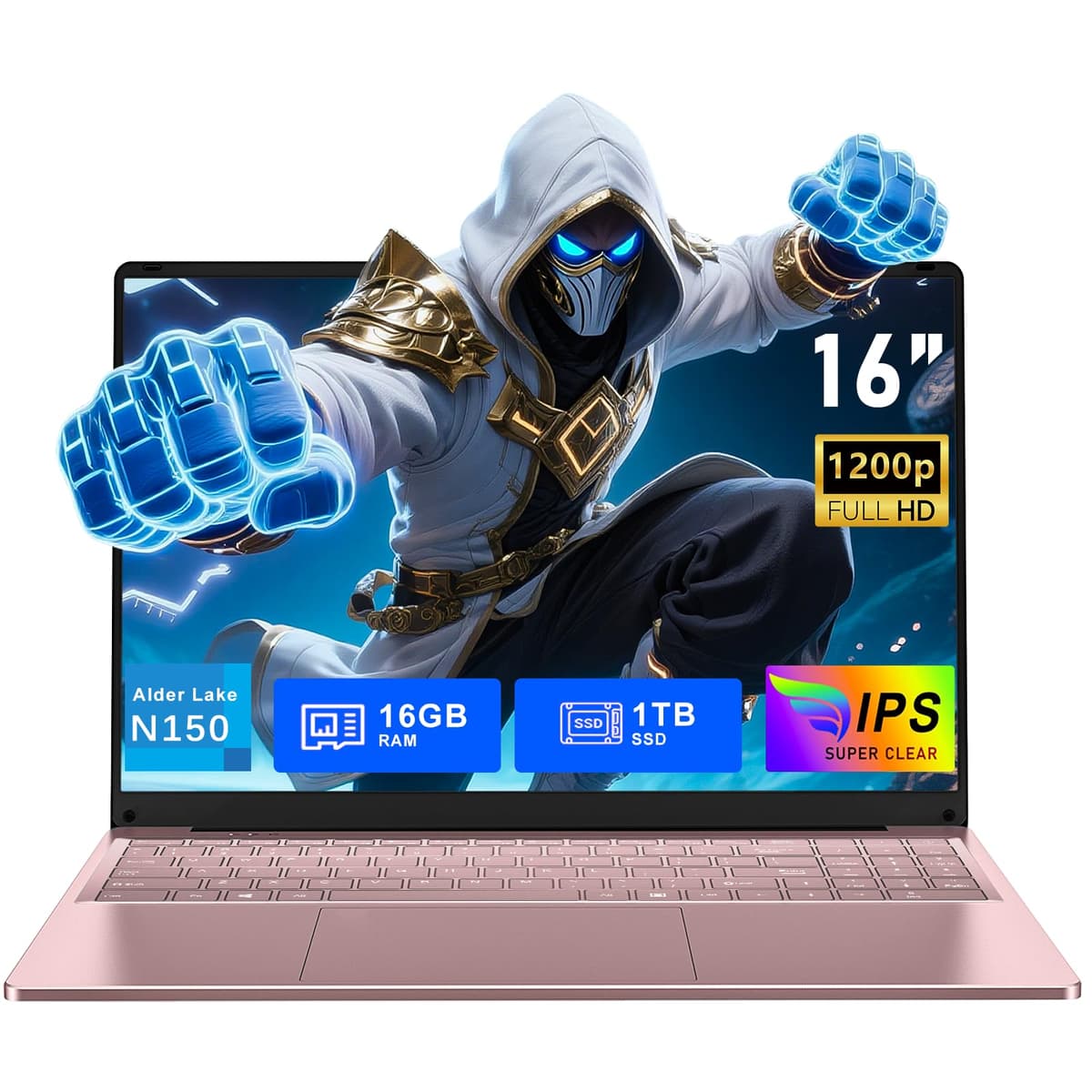 FUNYET Laptop para Juegos, 16 pulgadas 2026 con Windows 11 Pro, 16GB RAM 1TB SSD, Procesador Intel 13ª Gen N150 (hasta 3.6 GHz), Teclado Retroiluminado, Mini HDMI, FHD 1920 × 1200, Office 365, Rosa Dorado NY-08