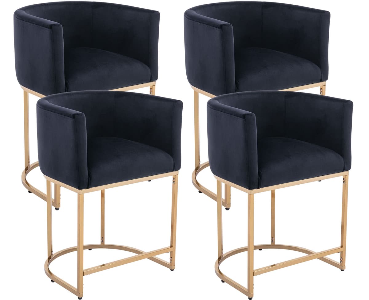VESCASA Taburete de Bar de 24" de Altura de Encimera con Respaldo Barril y Brazos, Asiento Acolchado de 4.5" de Altura, Silla Moderna para Isla de Cocina con Estructura Metálica Dorada, Juego de 4, Terciopelo Negro
