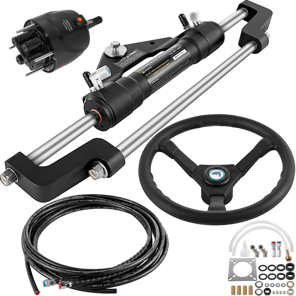 VEVOR Kit de dirección hidráulica para fueraborda hasta 300HP, bomba, manguera 18 ft, volante 13.5", carcasa aluminio Hydraulic Boat Steering Kit 18 Feet
