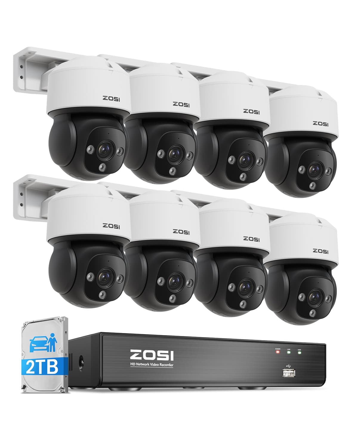 Sistema de Cámaras de Seguridad ZOSI C290 4K 8CH PoE (hasta 16CH), 8 cámaras IP Dome PoE cableadas de 8MP para exteriores e interiores, vista 360, detección AI de personas/vehículos/rostros, conversación bidireccional, alarma con sirena, seguimiento automático, disco duro 2TB 88Q2-2908M8-US-V2