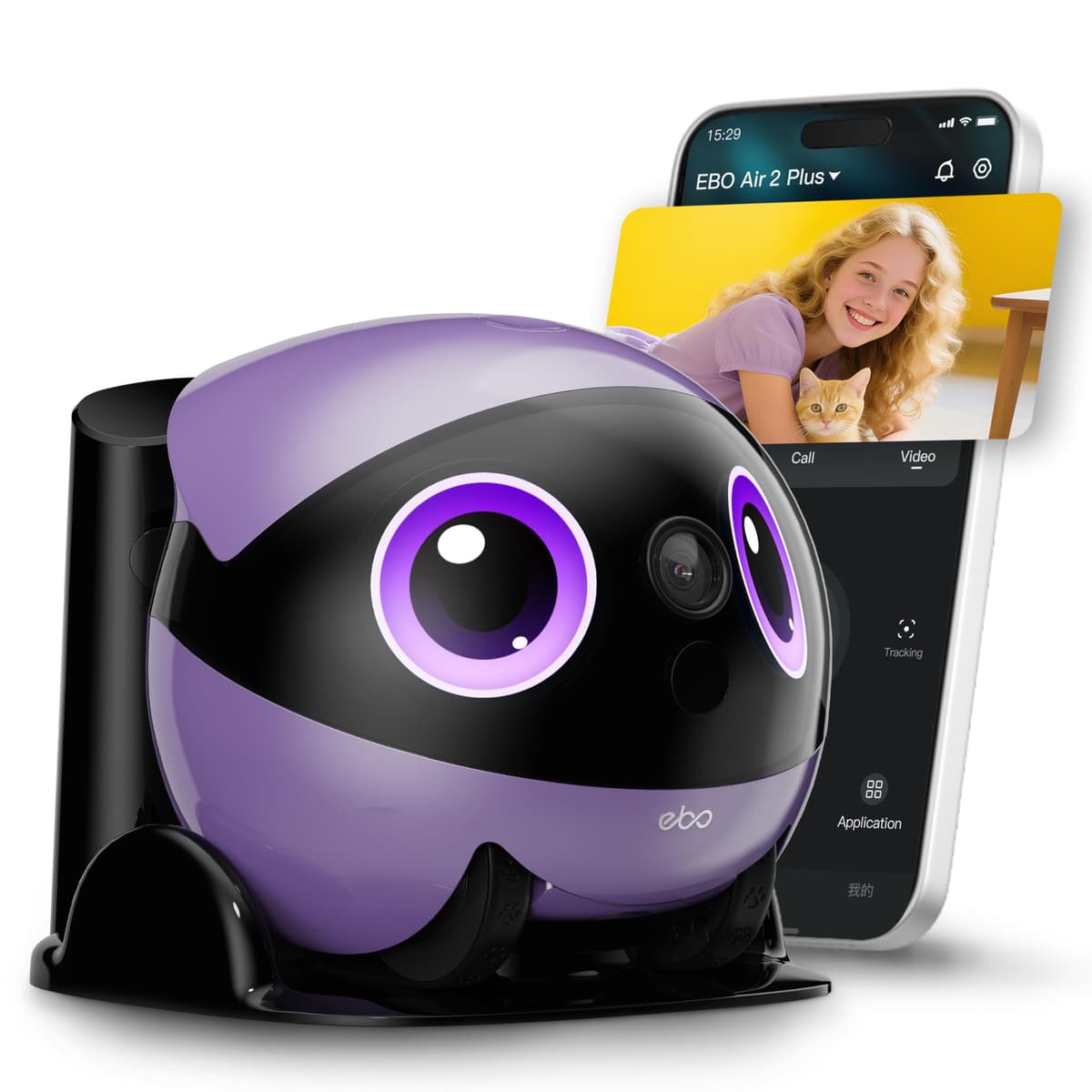 Enabot EBO Air 2 Plus FamilyBot 3K Robot Cámara para el Hogar: Cámara Interior, Compañero Robótico Móvil, Video Bidireccional, Modo Chat con IA, Autorrecarga, Larga Duración de Batería, Imagen Facial Personalizada, Visión Nocturna EBO Air 2 Plus - Purple