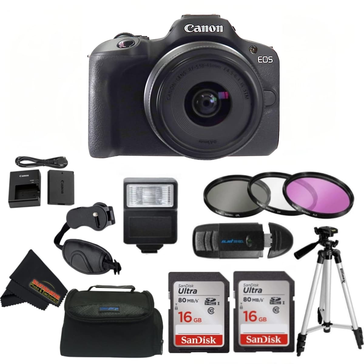 Canon EOS R100 RF-S18-45mm F4.5-6.3 IS STM Kit de lente con paquete de accesorios profesionales Sunshine Photo (Reacondicionado) 6052C012-cr