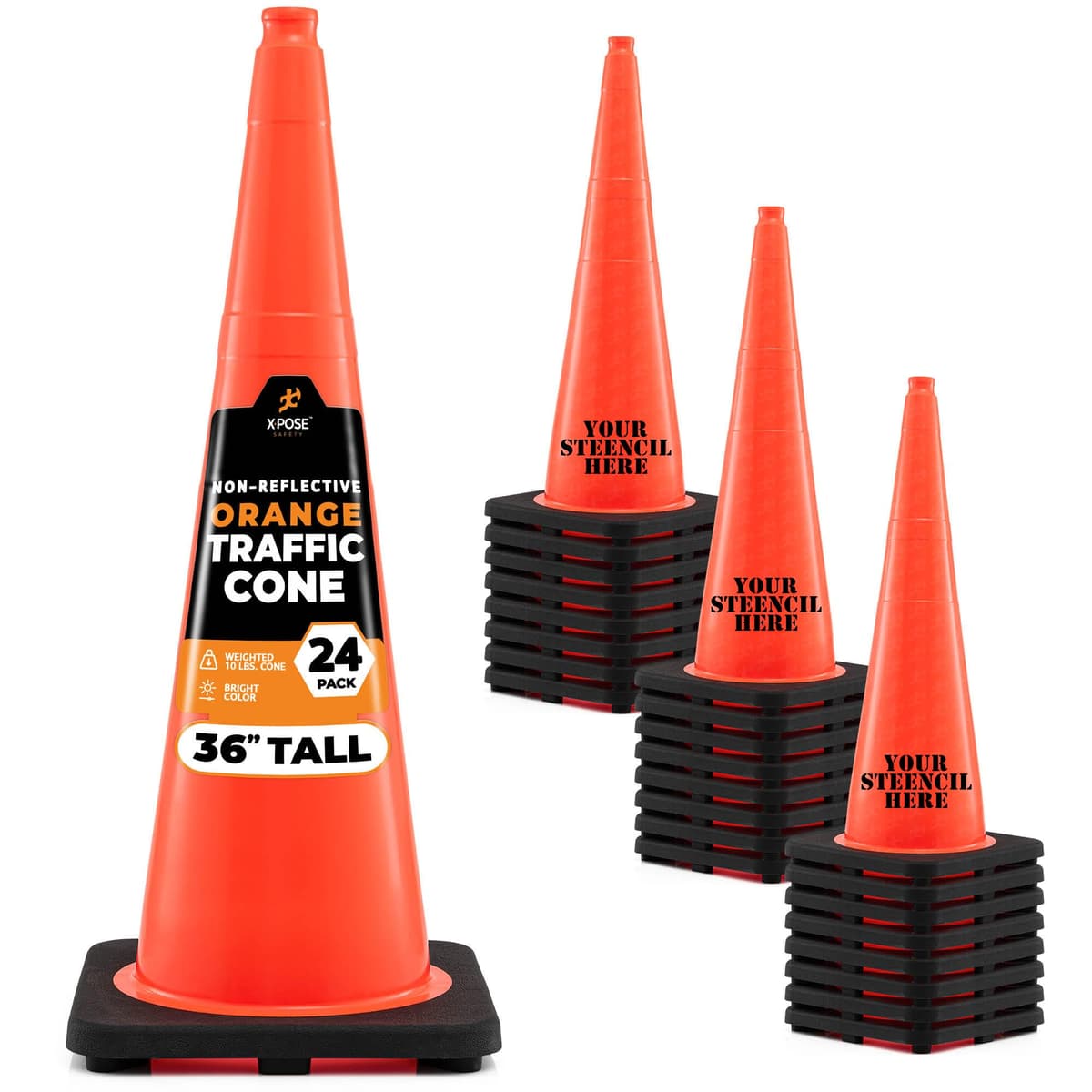 Xpose Safety Conos de Tráfico Naranja 36in, Paquete de 24, PVC Pesado, Base Negra, Aprobados DOT OTC36-24-X