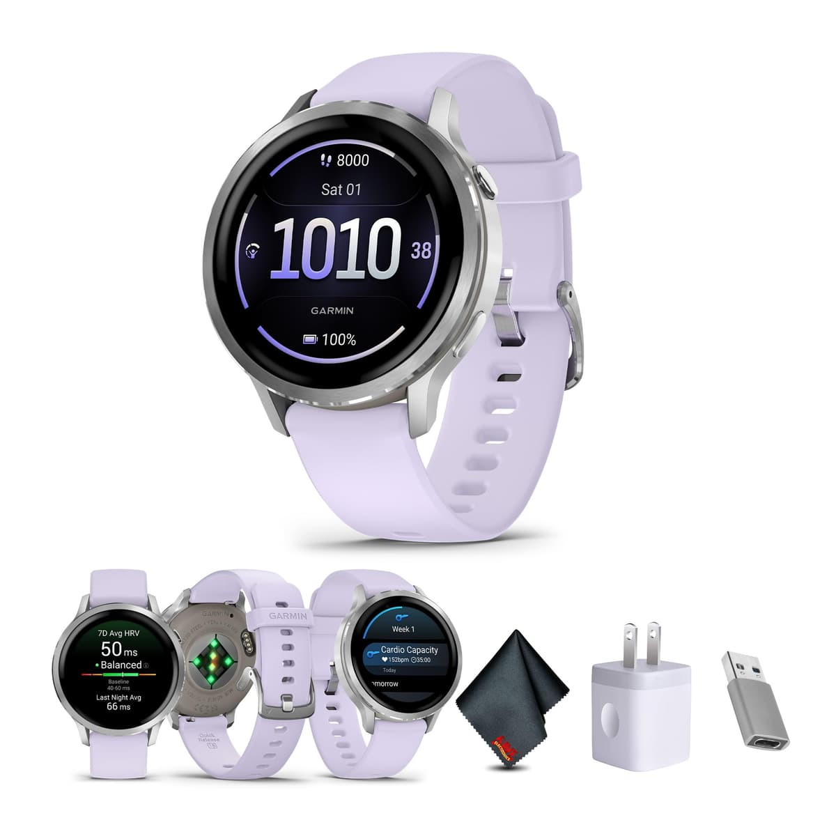Garmin Venu 4 41mm, Smartwatch GPS avanzado, AMOLED 1.2", linterna integrada, 10 días de batería, Silver con correa Periwinkle (Bundle) 010-03013-01-AG2-1