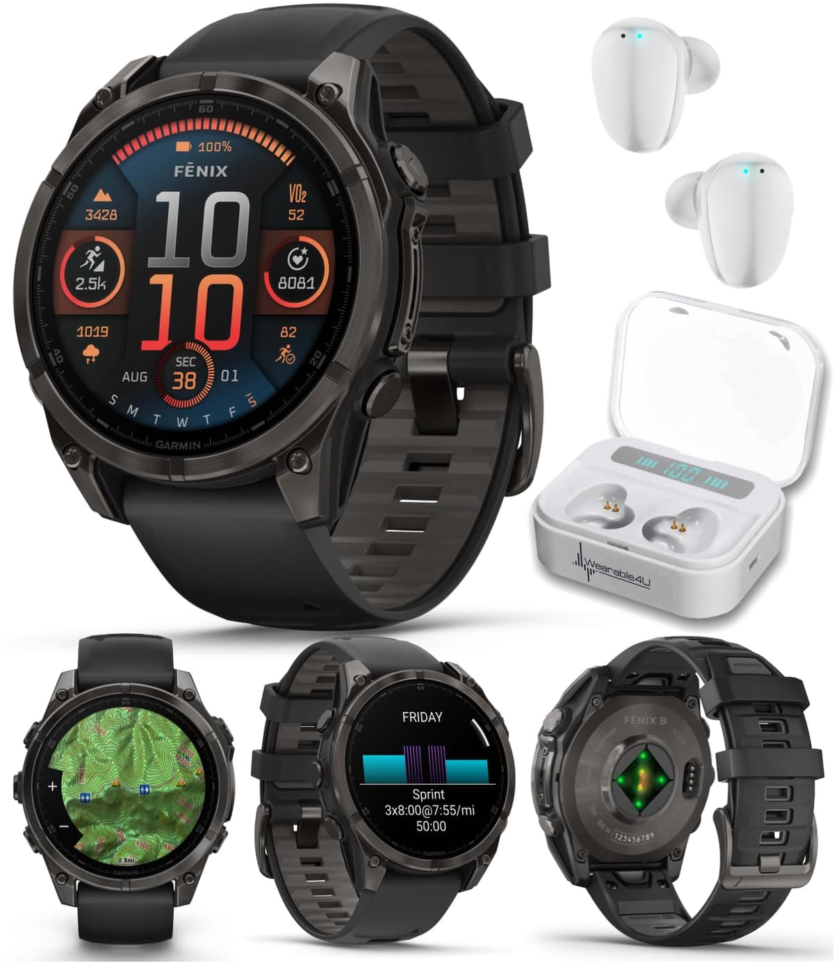 Wearable4U Garmin Fenix 8 47 mm AMOLED Sapphire Carbon Gray DLC Titanium con correa Black/Pebble Gray y auriculares blancos TWS X7-1