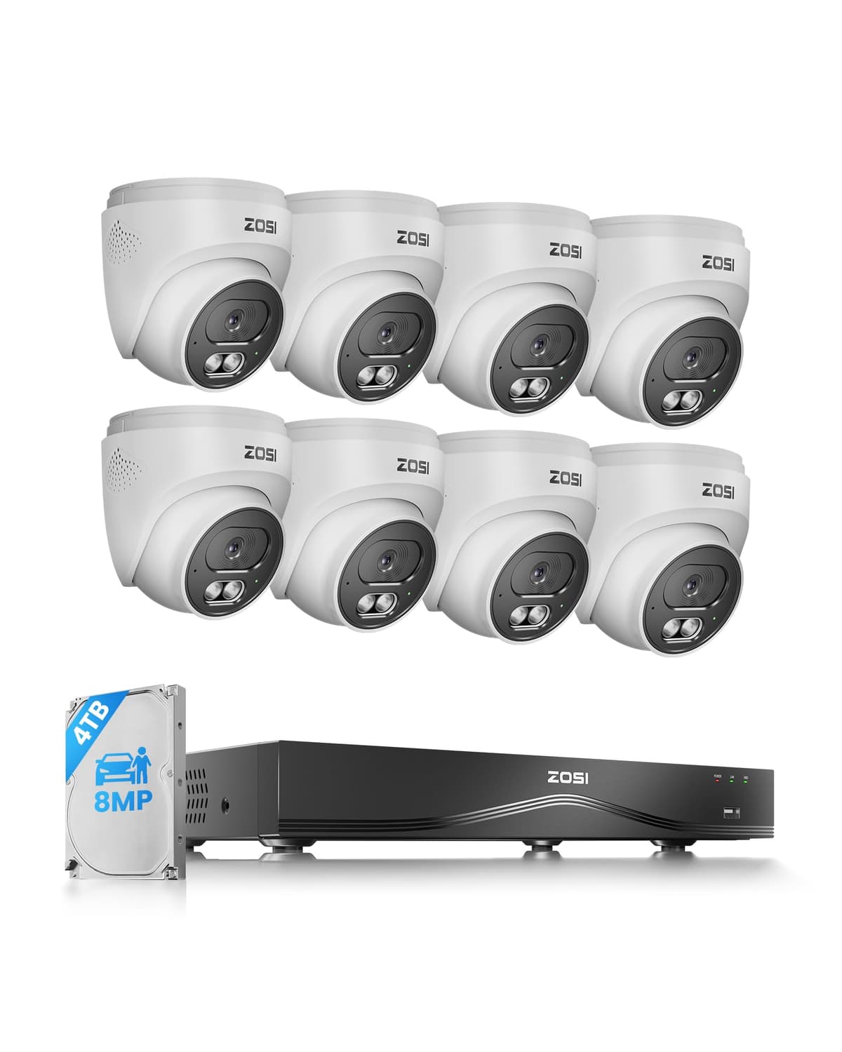 Sistema de Seguridad ZOSI C220 NVR POE 4K 8MP 16CH (Ampliable a 32CH), 8 Cámaras IP PoE 8MP Interior/Exterior, Grabación 24/7, Detección AI de Persona/Vehículo/Rostro, Comunicación Bidireccional, Visión Nocturna, HDD 4TB 168B4-2208W8-US-V2