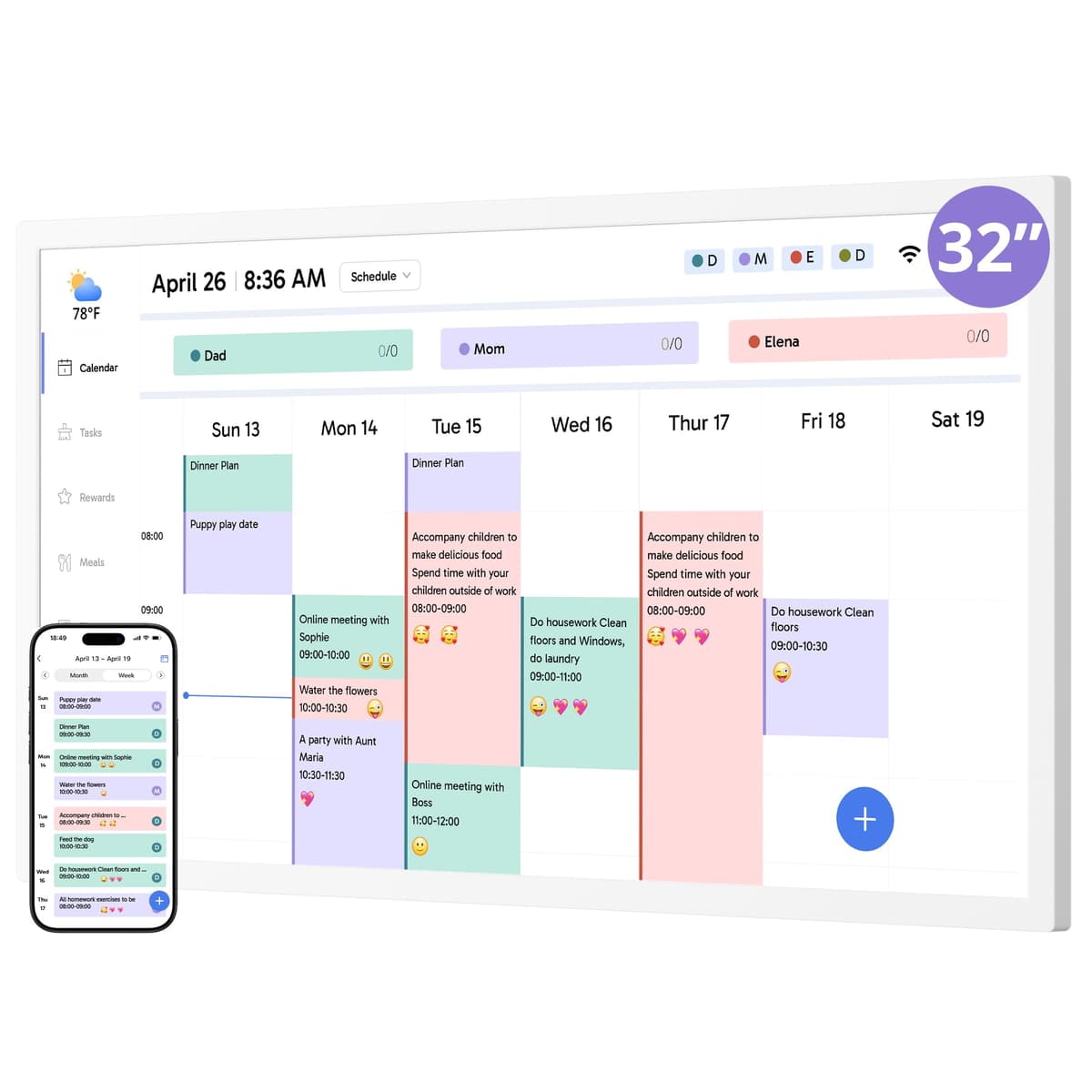 Dragon Touch Calendario Digital de 32 Pulgadas con Pantalla Táctil, Calendario Electrónico de Pared y Escritorio, Tabla de Tareas para Planificador Familiar Mensual/Semanal y Recompensas, Pantalla Interactiva 1080P para Organización del Hogar - Blanco TM32
