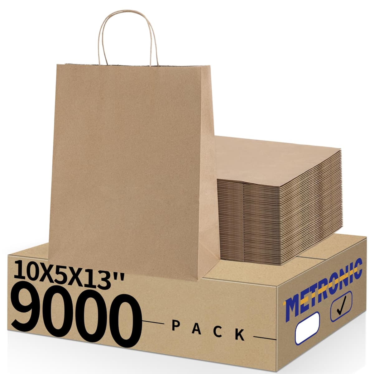 METRONIC Kraft Paper Gift Bags 10x5x13 Inch - 9,000 pack (Brown)