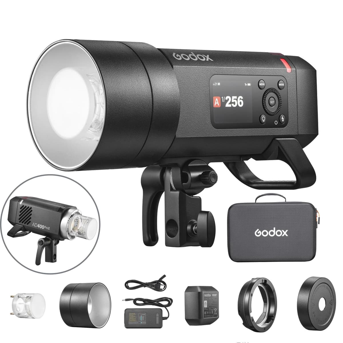 Godox AD400ProII Flash de Estudio GN72 400Ws TTL HHS 1/8000S 5800K±200K 21.6V/2600mAh 0.01-1s Tiempo de Reciclado Lámpara de Modelado 30W Profesional Portátil para Exterior Retrato 100-240V con Batería