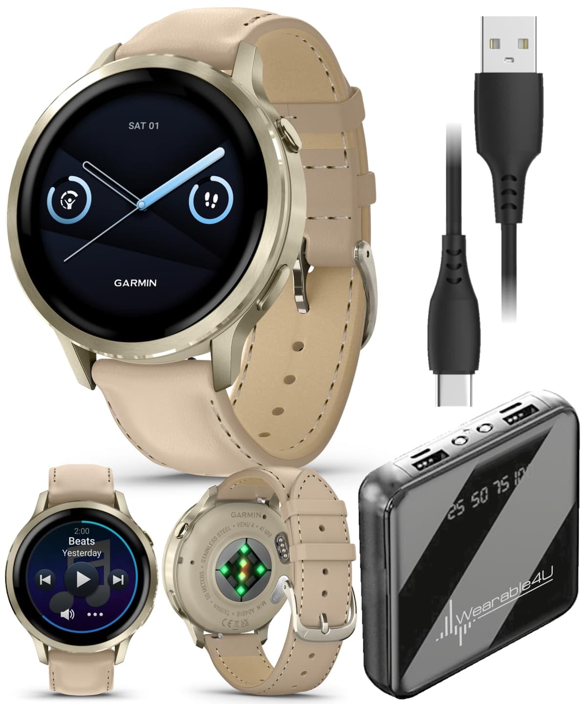 Wearable4U Garmin Venu 4 41mm Lunar Gold con bandas Bone Silicone y Light Sand Leather + PowerBank