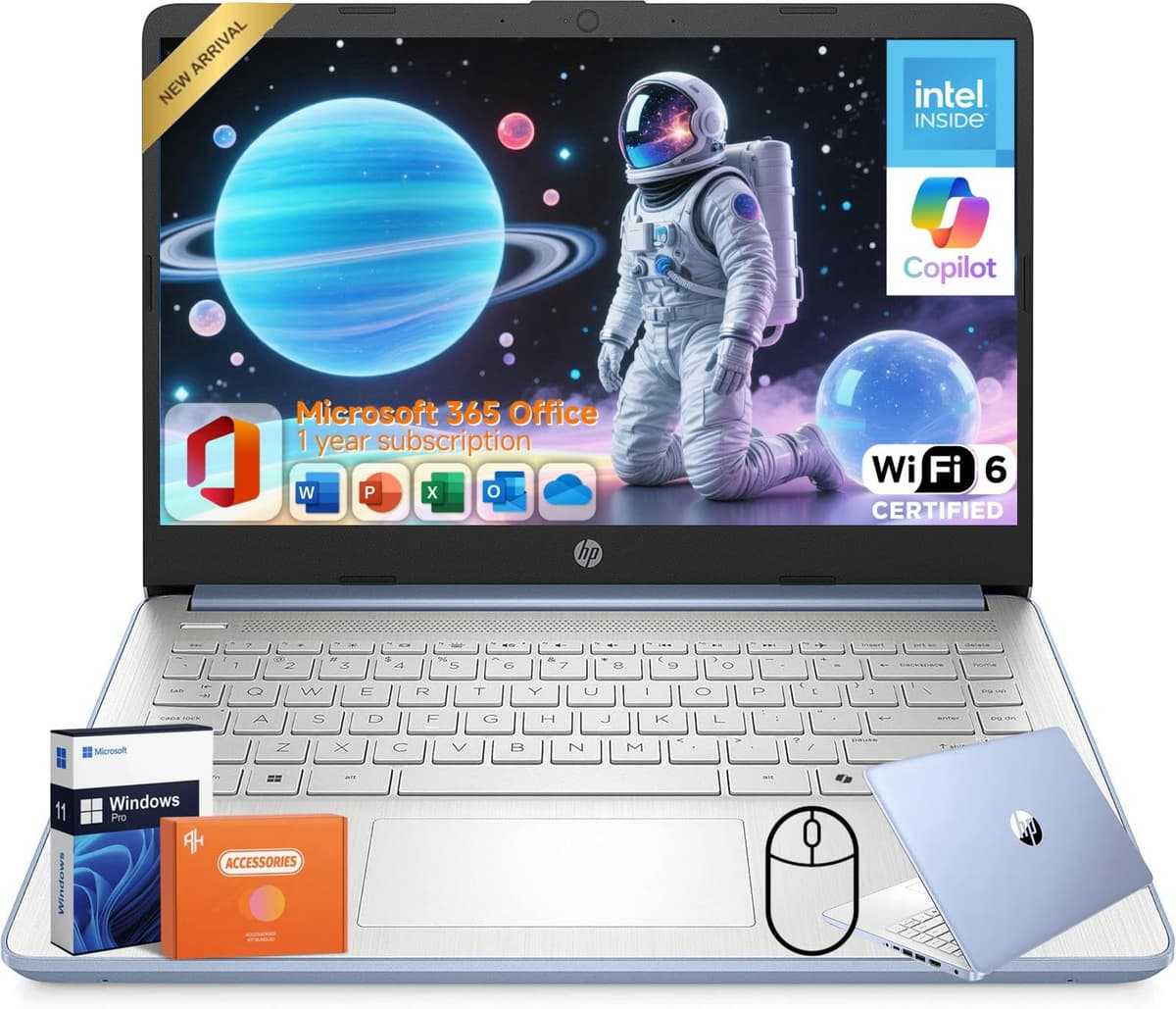 HP 2025 Portátil Empresarial/Estudiantil 14", Procesador Intel N150, Office 365 por 1 año, 16 GB RAM, 384 GB Almacenamiento (128 GB UFS + 256 GB MSD), Copilot AI, Wi-Fi 6, Larga Duración de Batería, Ligero, Windows 11 Pro, Accesorios HP Laptop