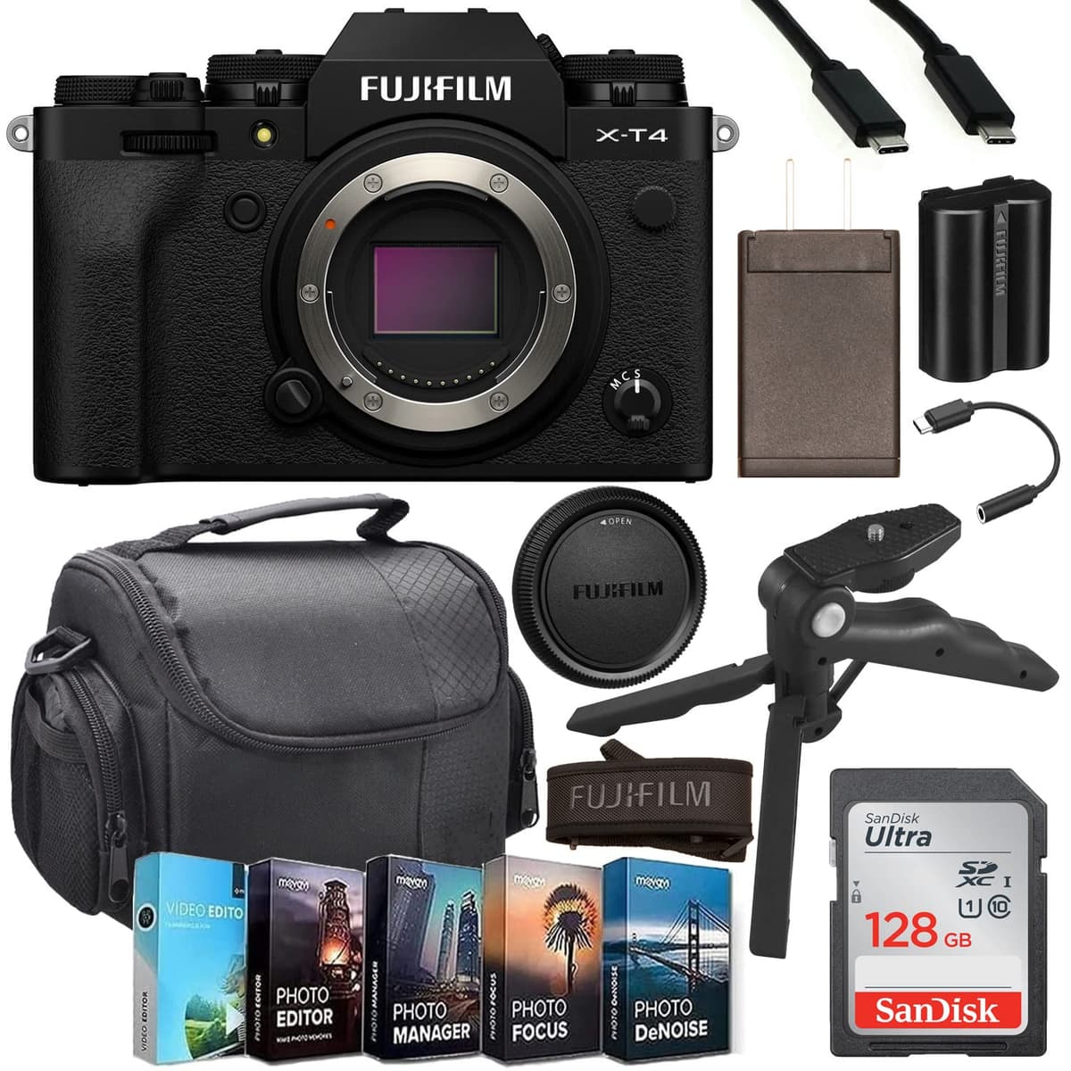 FUJIFILM X-T4 Mirrorless Camera Body Only (Black) Bundle con 128GB y accesorios PZ-FUJIXT4-2022-1