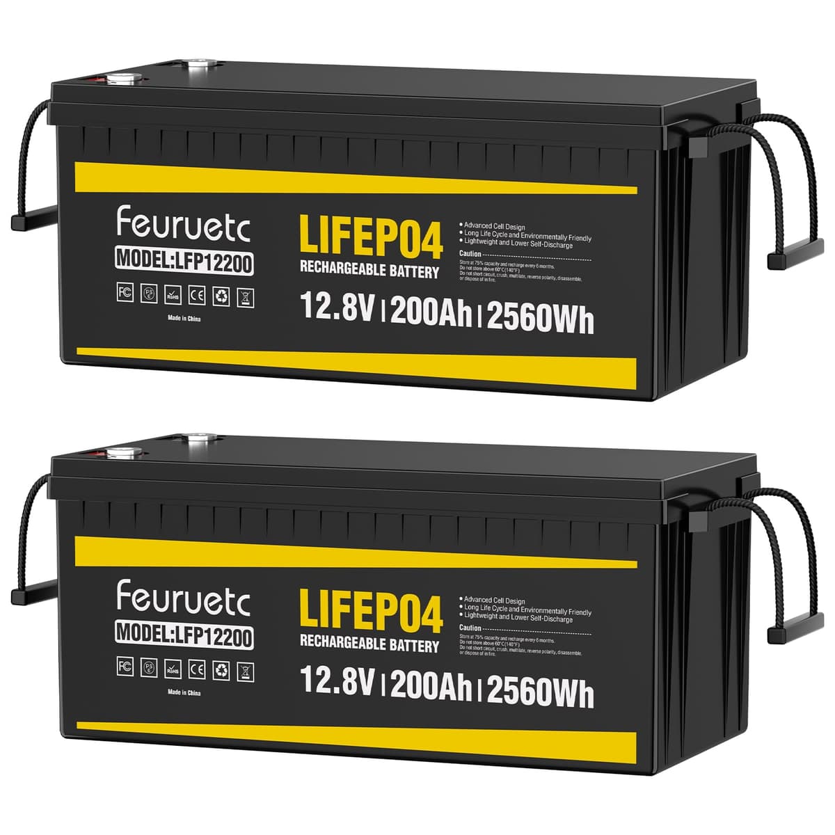 Feuruetc 12V 200Ah LiFePO4 Battery con Built-in 200A BMS - 2pc XF-12200-2