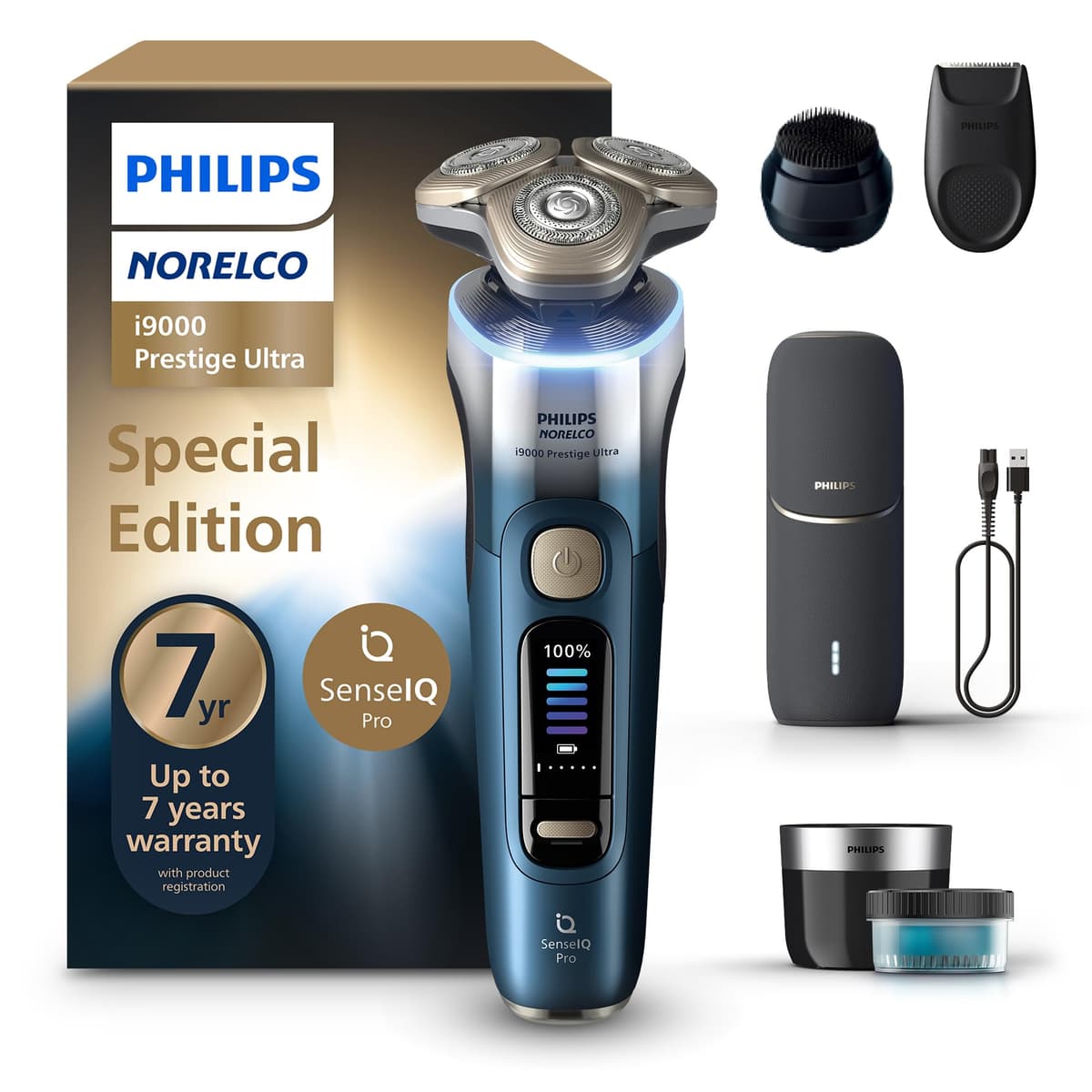 Philips Norelco Shaver i9000 Prestige Ultra - Afeitadora eléctrica Wet & Dry con SenseIQ Pro y estuche cargador UV XP9406/93