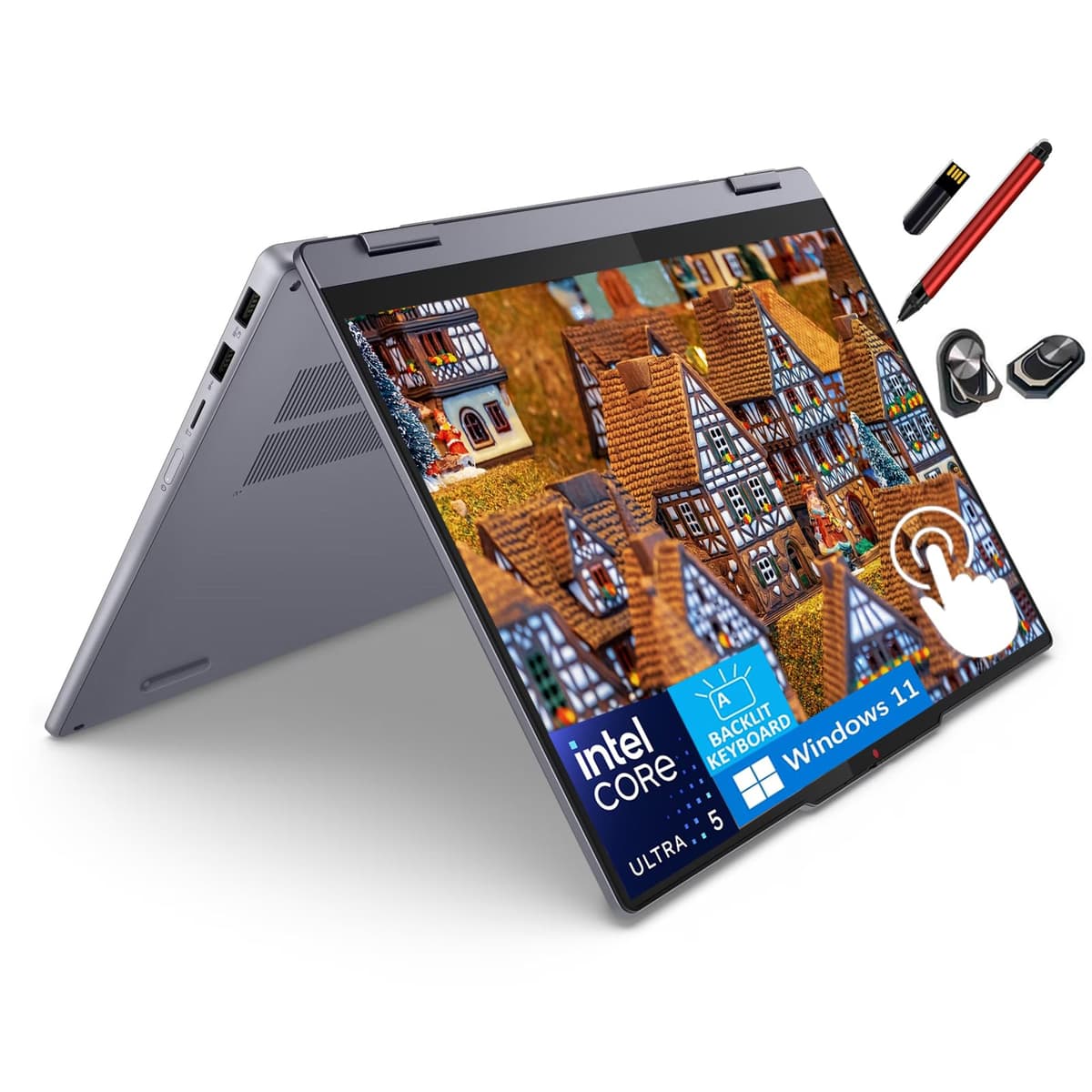 Lenovo IdeaPad 5i 2 en 1 Portátil, Pantalla Táctil 14" WUXGA, Intel Ultra 5 12 núcleos 225U AI hasta 4.8GHz, 8GB RAM LPDDR5, 512GB SSD, Teclado Retroiluminado, Gris Luna, Windows 11, Accesorios Pen USB EAT 16GB