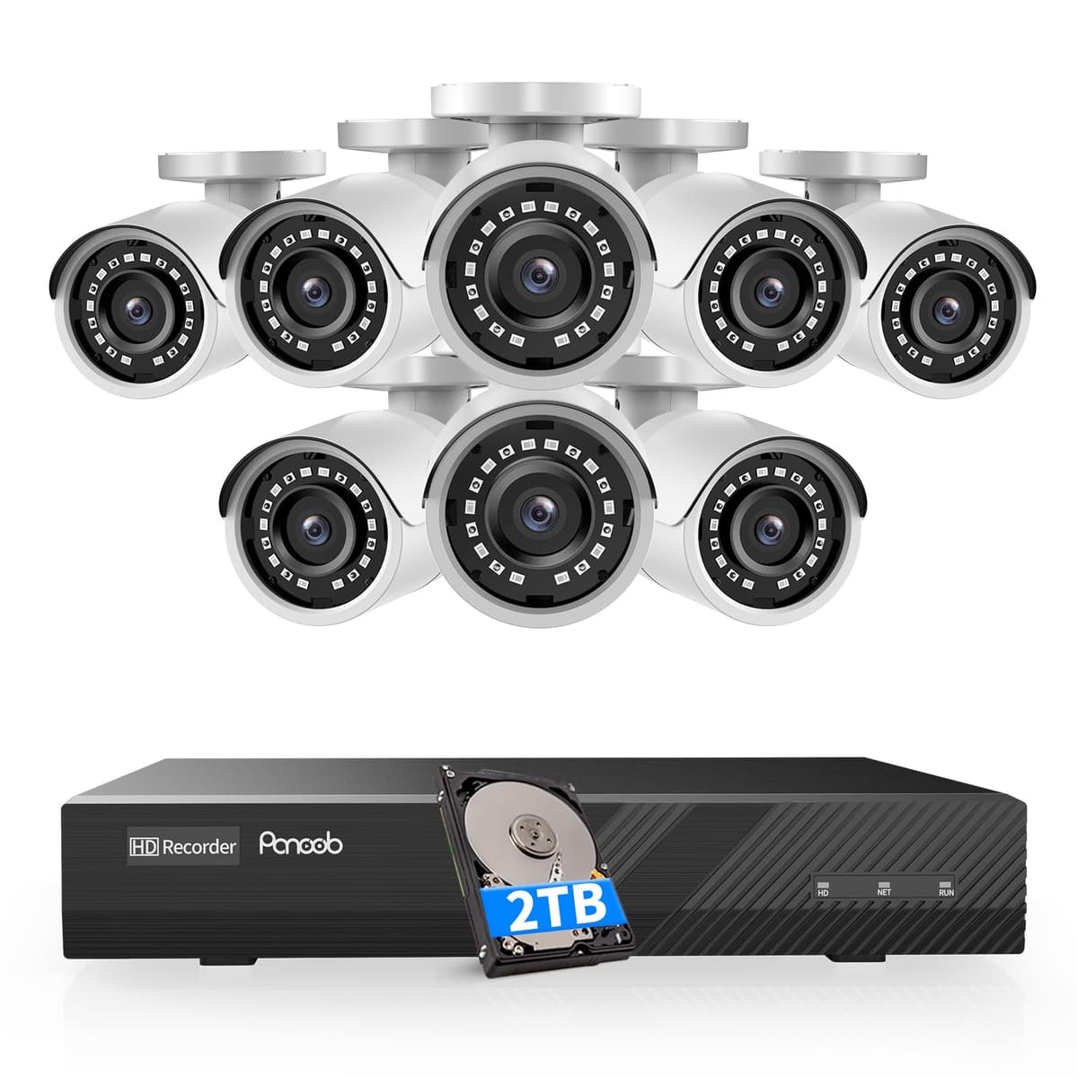 PANOOB Sistema de cámaras de seguridad 8 canales, NVR PoE 8CH 4K 2TB HDD, 8 cámaras IP PoE cableadas 5MP para exterior, detección de personas, acceso remoto, micrófono incorporado, visión nocturna IR 100 ft, PB37F0808-5M