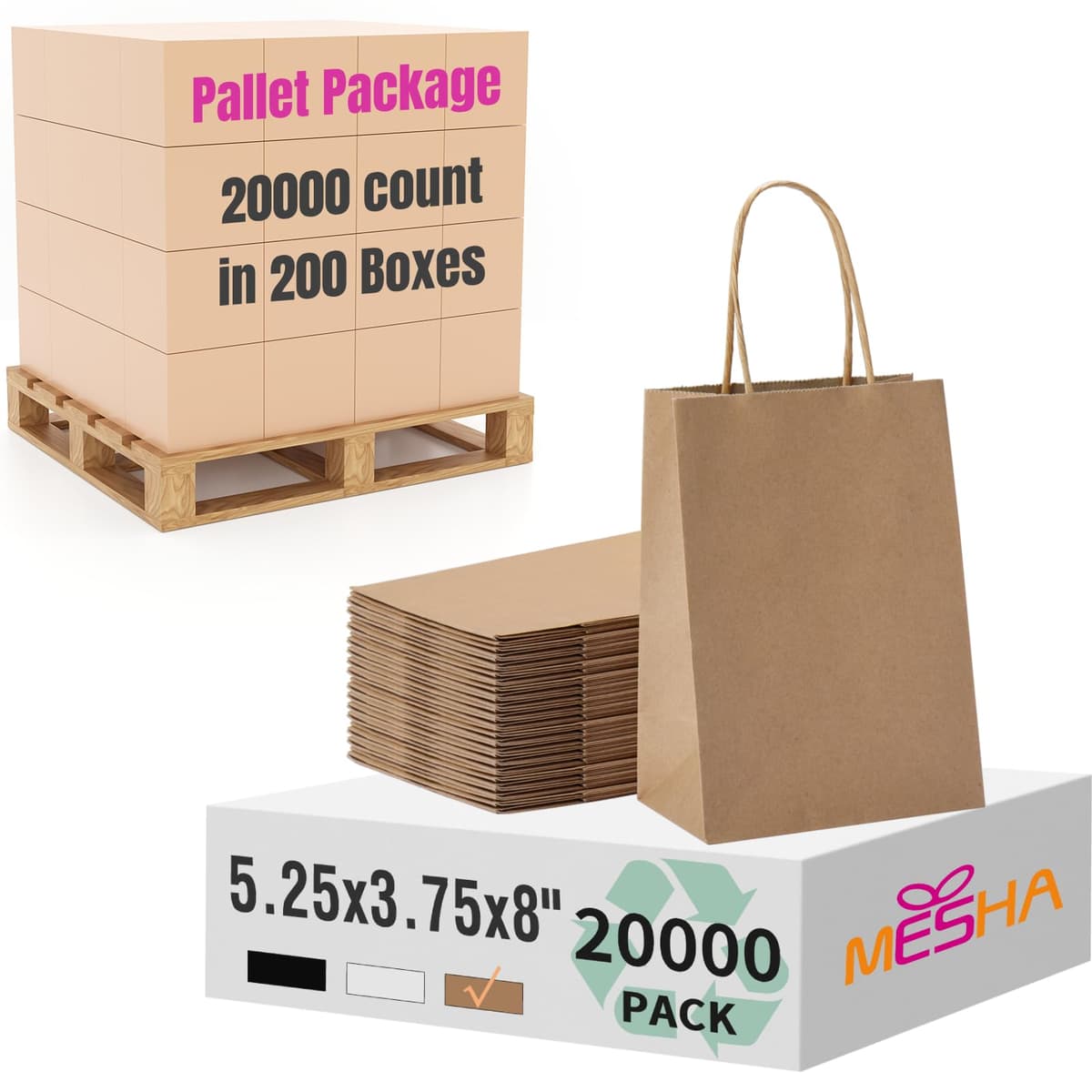 MESHA Gift Paper Bags 5.25x3.75x8 Inch - 20,000 pack (Brown)