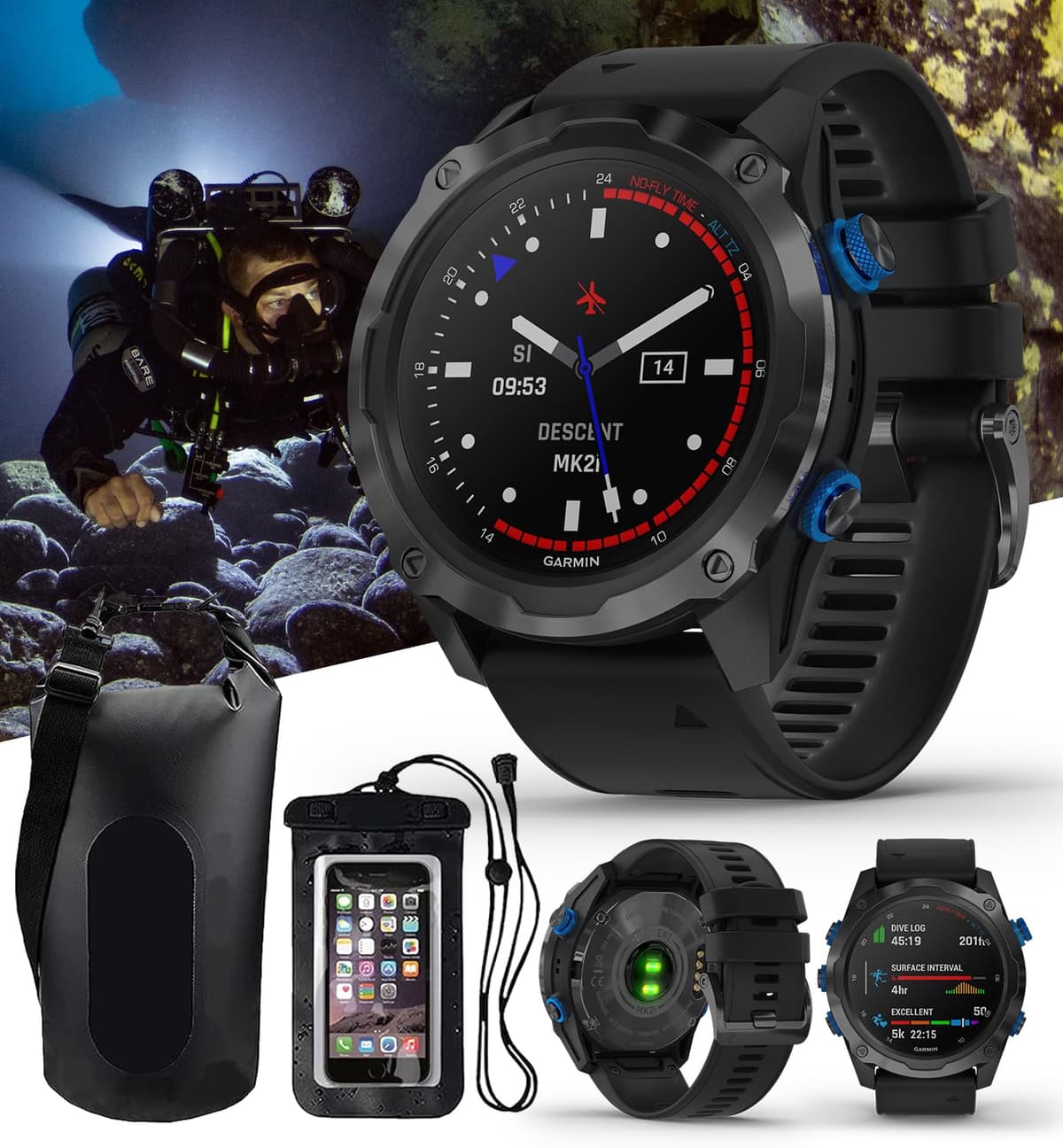Garmin Descent Mk2i (Titanium Gray DLC/Black) Dive Computer Watch Bundle - Air Integration, Multisport Training Features - Incluye PlayBetter Waterproof Dry Bag Set 010-02132-00