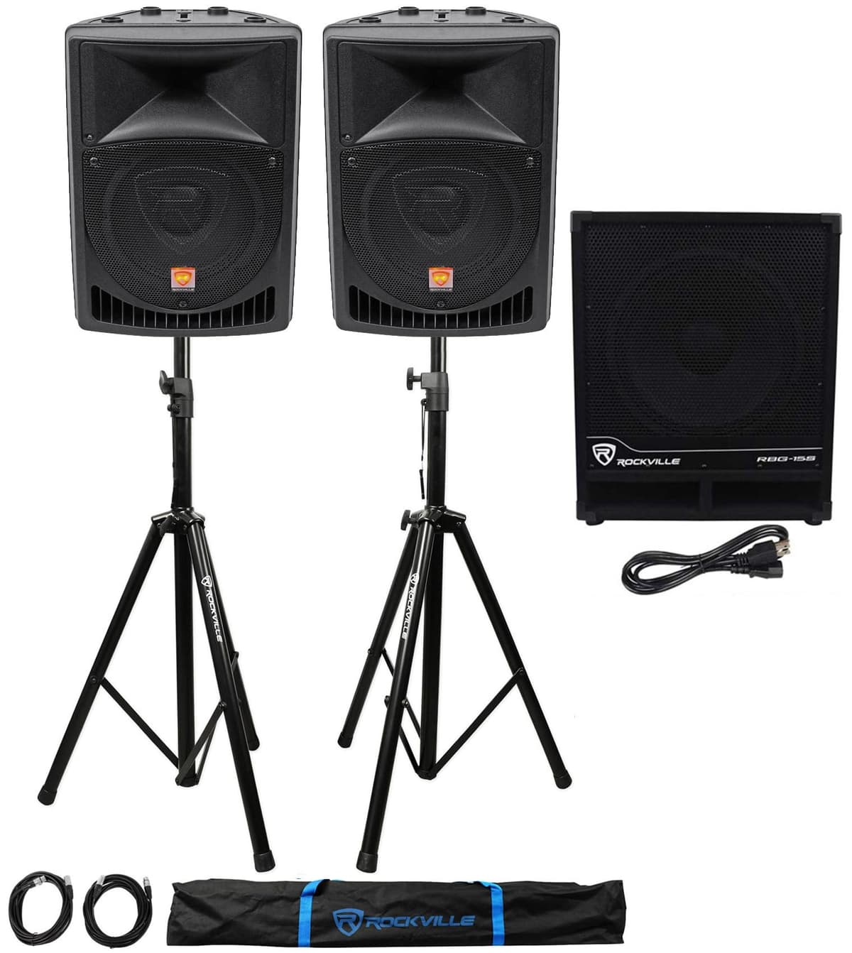 Rockville Paquete: 2 RPG8 (8") + Subwoofer RBG15S 15" + Soportes y Cables (2) RPG8+RBG15S+RVSS2-XLR+(2)RCXFM20E-B