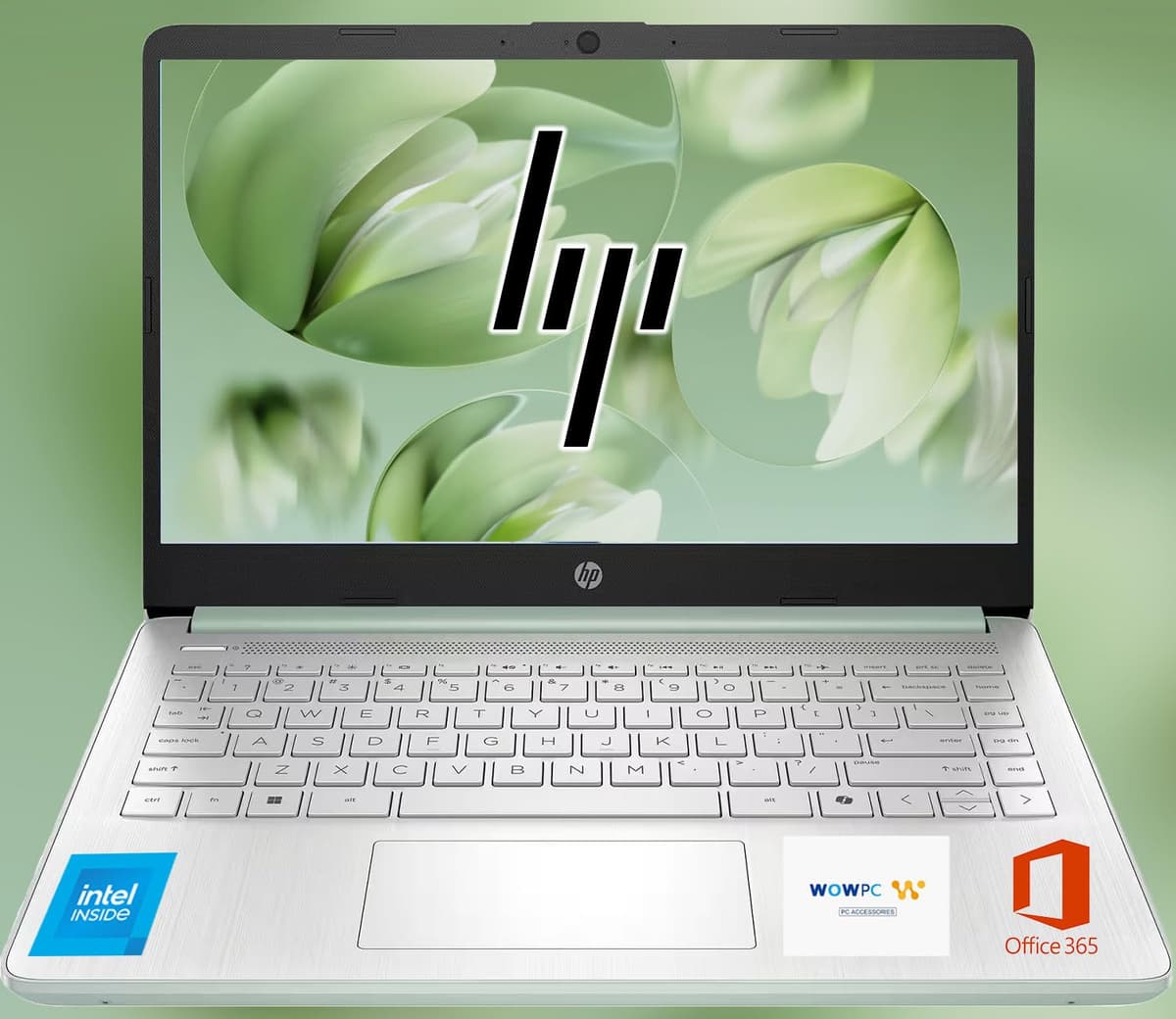 HP 14 Ultrabook, CPU Intel, 32 GB RAM, 1.6 TB Almacenamiento (128 GB Integrados con 512 GB Disco Portátil + 1 TB OneDrive), Hasta 12 h Batería, Windows 11 Home, Verde Willow, con Paquete 3 en 1 WOWPC